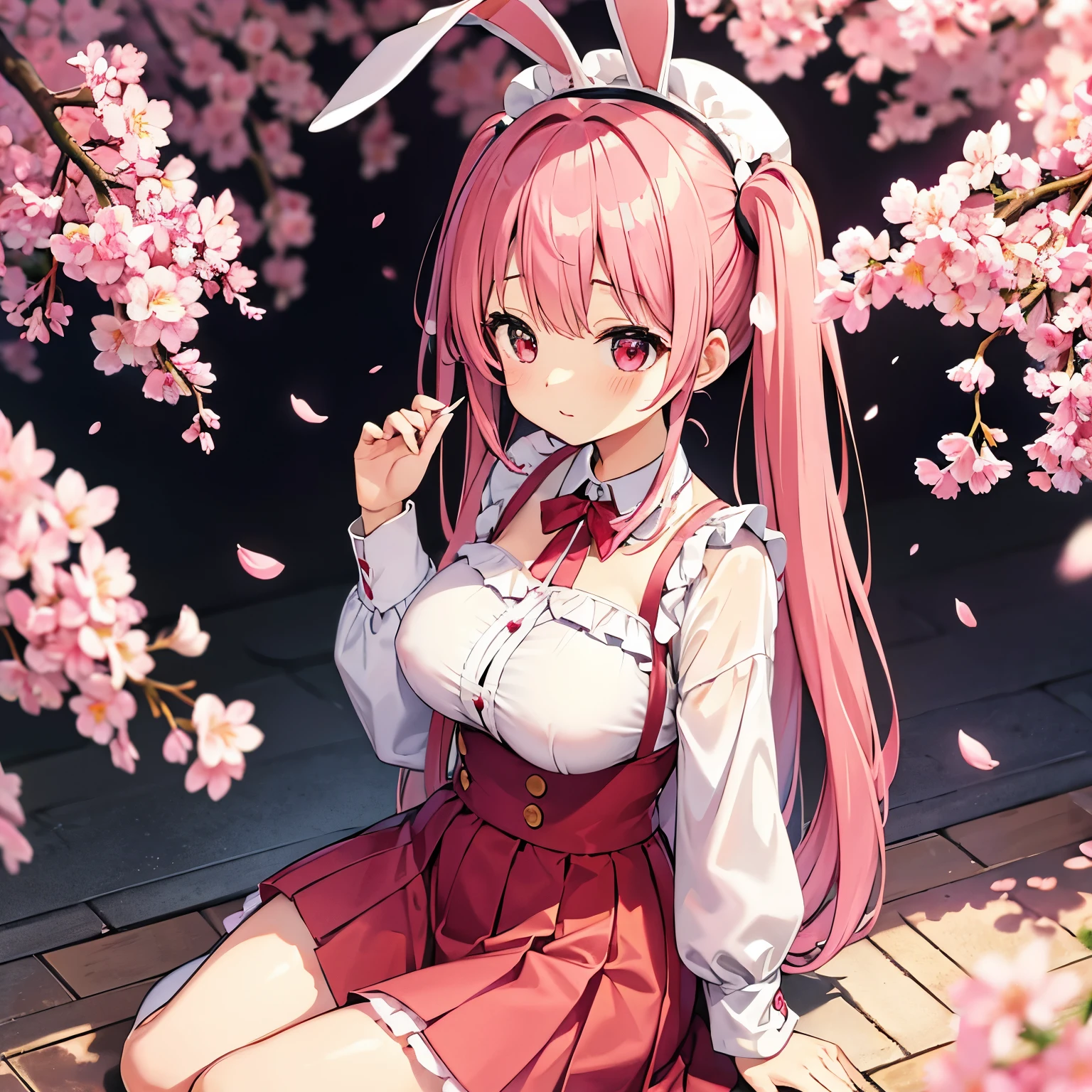 pink hair、twin tails、rabbit earaid clothes、red、big breasts、cherry blossoms、sweet、sweets
