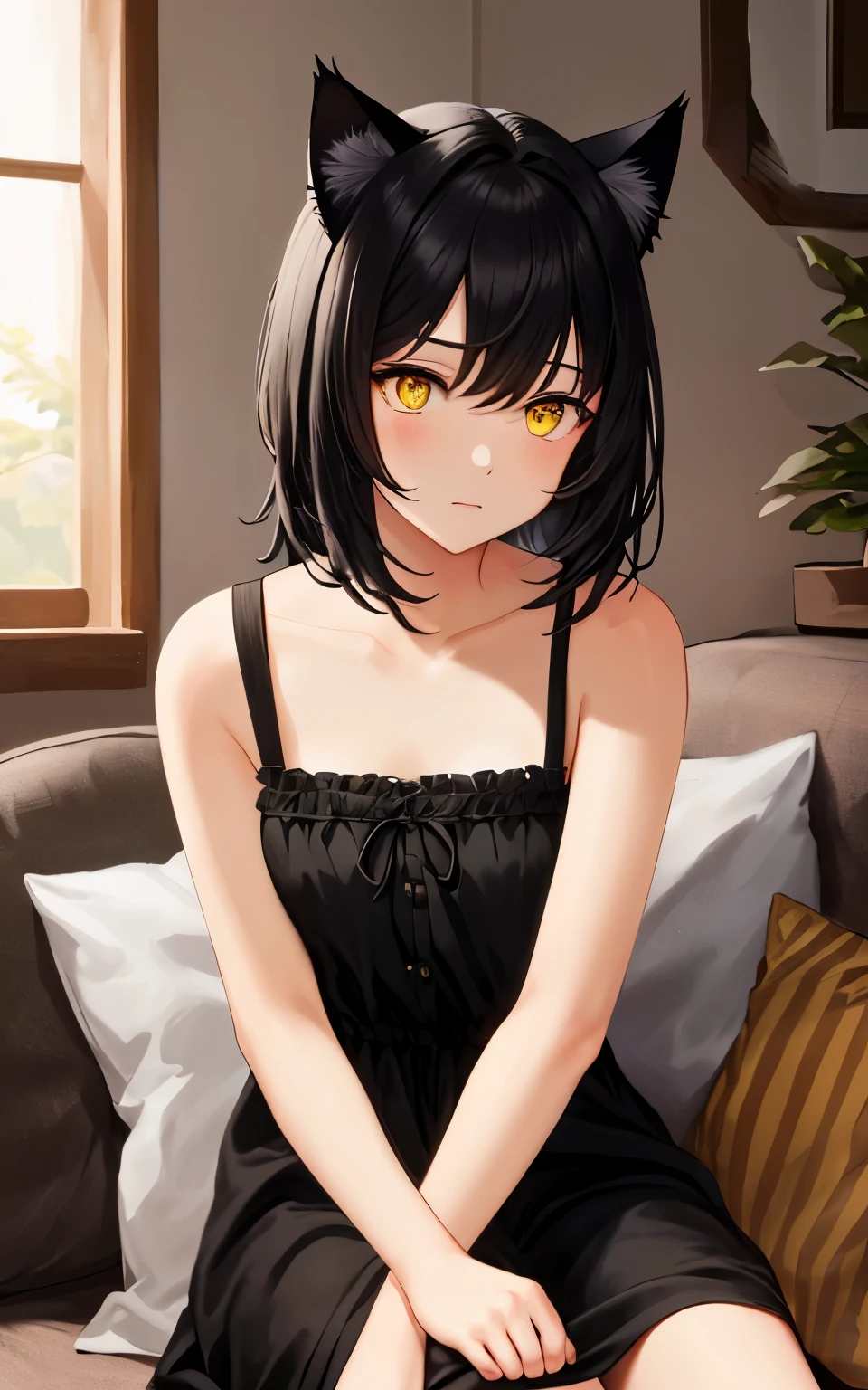 A keen girl, casual style, sitting , medium black hair, black dress, (with yellow eyes and cat ears),