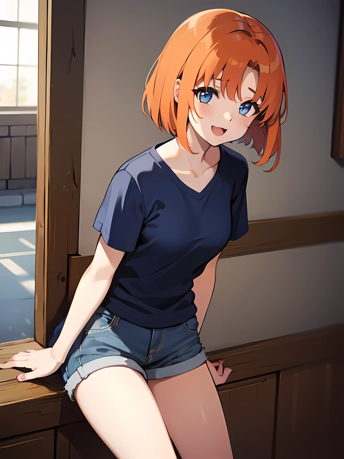 (1 girl), Rûuguu horseradish, orange medium hair, Blue eyes, t-shirt, denim shorts, hands in pockets