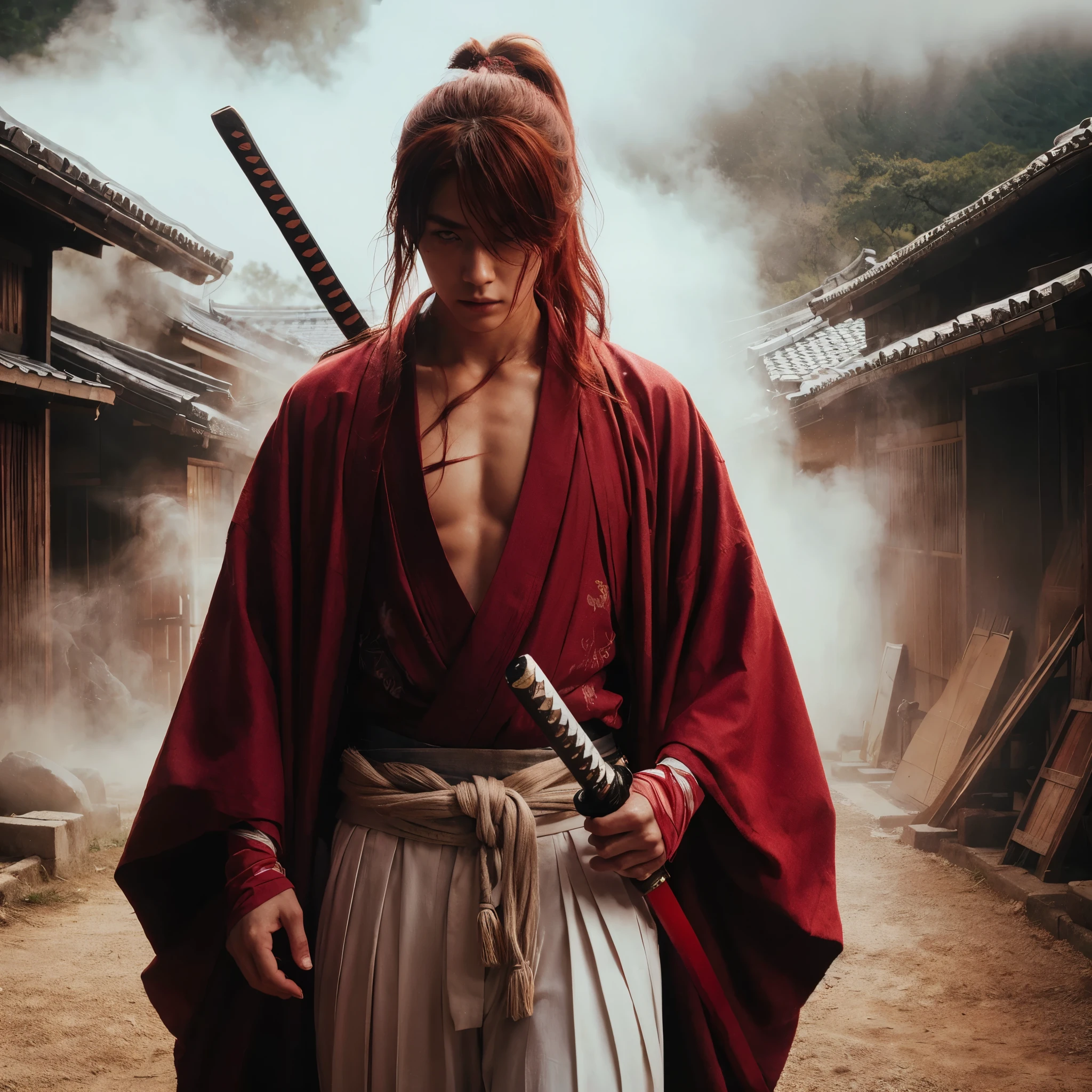 full body,a japanese male 25 years old like Himura Kenshin in the film Samurai X,feminim face,wearing red kimono,white pants,and Geta,half back long red hair tied in a thick ponytail,a scar on his left cheek that was in the shape of a sword cross,holding samurai,Ultra HD,village background,smoke,detailed,dinamic poses,hyperrealistic photography,epicrealism,atmospheric impressionism,pre-raphaelite realism,best tone, soft focus realism --ar 36:61 --stylize 750 --v6