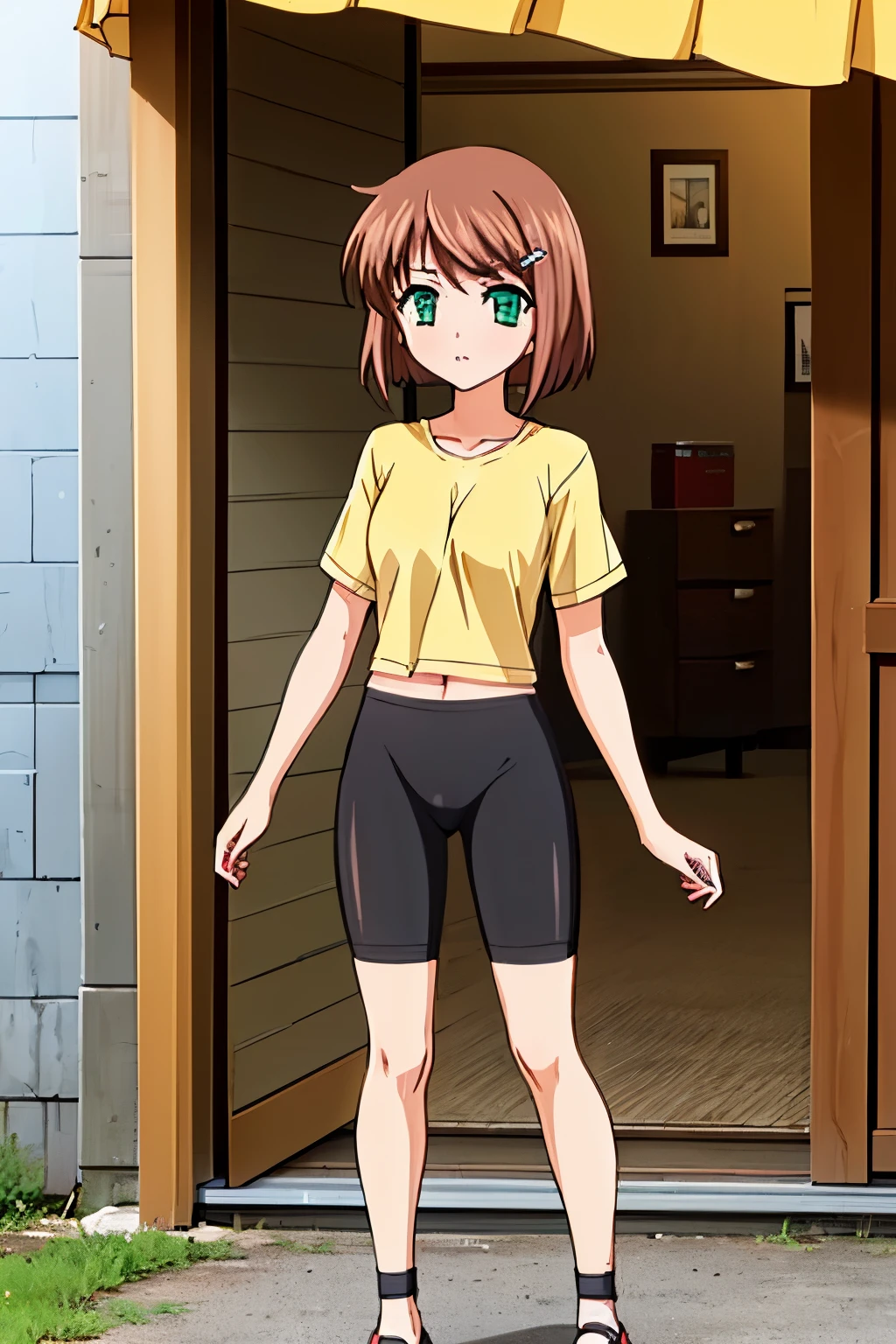 1girl, perfect face, hdr, moemiv1, brown hair, short hair, hairclip, green eyes, medium breast, long shirt, crop shirt, tucked shirt, yellow shirt, short_sleeves, bike_shorts, pov, white socks, brown sandals, full body, standing, 