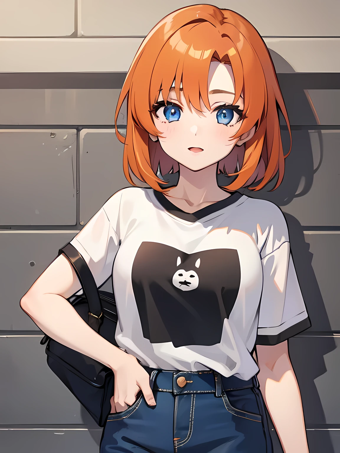 (1 girl), Rûuguu horseradish, orange medium hair, Blue eyes, t-shirt, denim shorts, hands in pockets