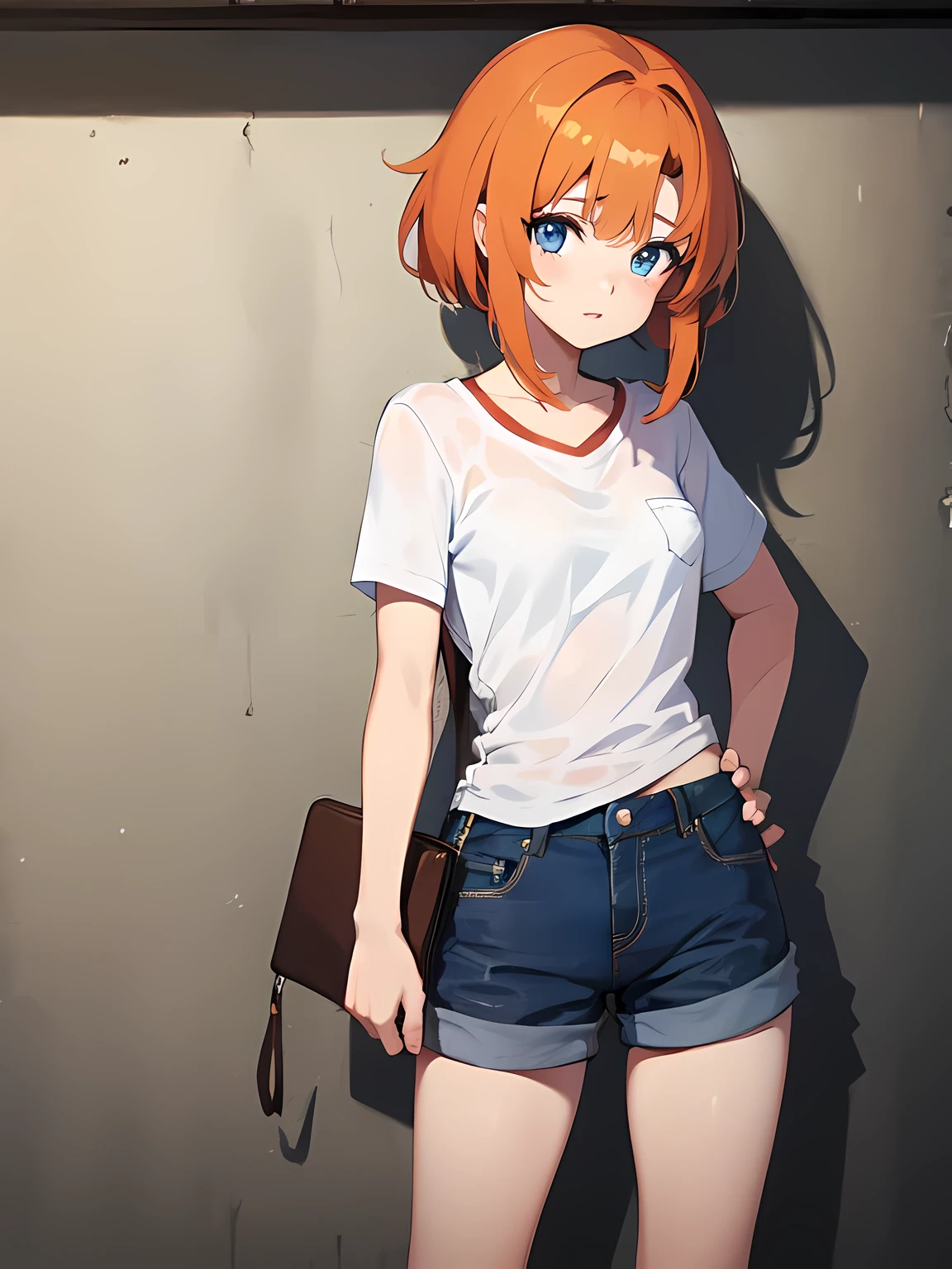 (1 girl), Rûuguu horseradish, orange medium hair, Blue eyes, t-shirt, denim shorts, hands in pockets, sharp wall