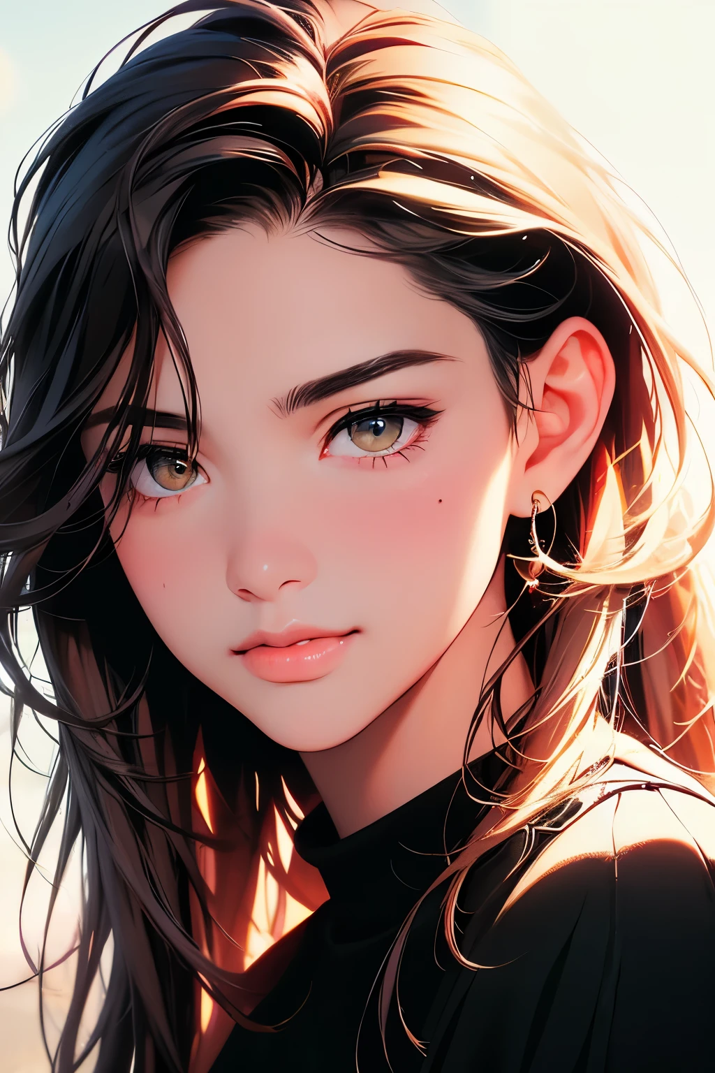 (best quality,4k,8k,highres,masterpiece:1.2),ultra-detailed,(realistic,photorealistic,photo-realistic:1.37),portrait,painting,long brunette hair,intense gaze,soft facial features,subtle smile,warm skin tone,expressive eyes,faint blush on cheeks,glossy lips,visible pores,mesmerizing amber eyes,clean and youthful look,glowing complexion,sensual and inviting expression,curiosity in her eyes,welcoming and friendly aura,intimate distance,engaging with the viewer,welcoming the viewer into her world,college student,enjoying her youth,confident and self-assured,charming personality,stylish and trendy attire,modern and fashionable girl,vibrant and dynamic background,energetic and lively atmosphere,professional photography lighting,crisp and sharp focus,rich and vivid colors,subtle bokeh effect.