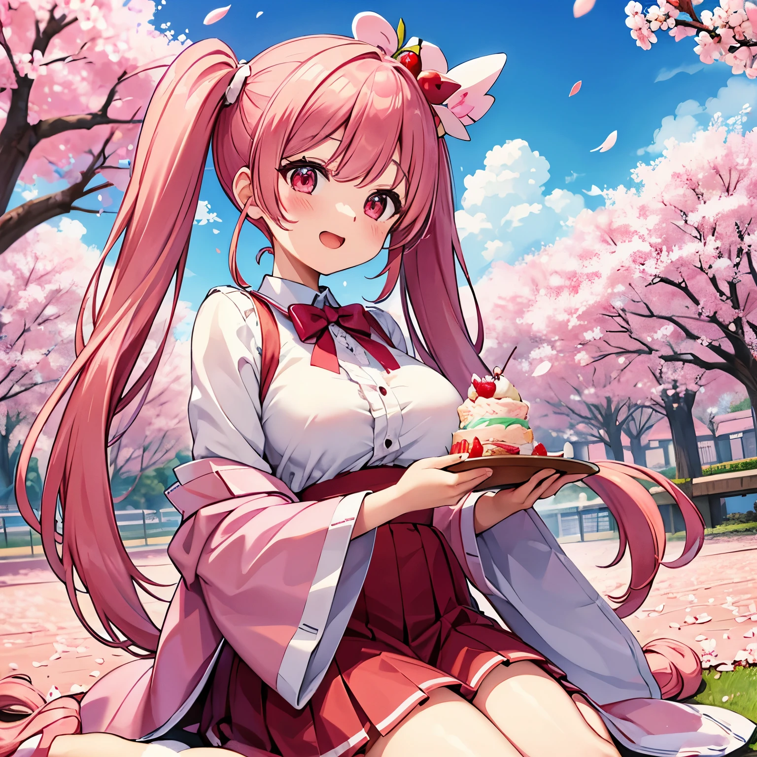 pink髪、twin tails、rabbit earaid clothes、red、big breasts、cherry blossoms、sweet、sweets、strawberry、cherry blossoms餅、cream、1 person、Rabbit、pink