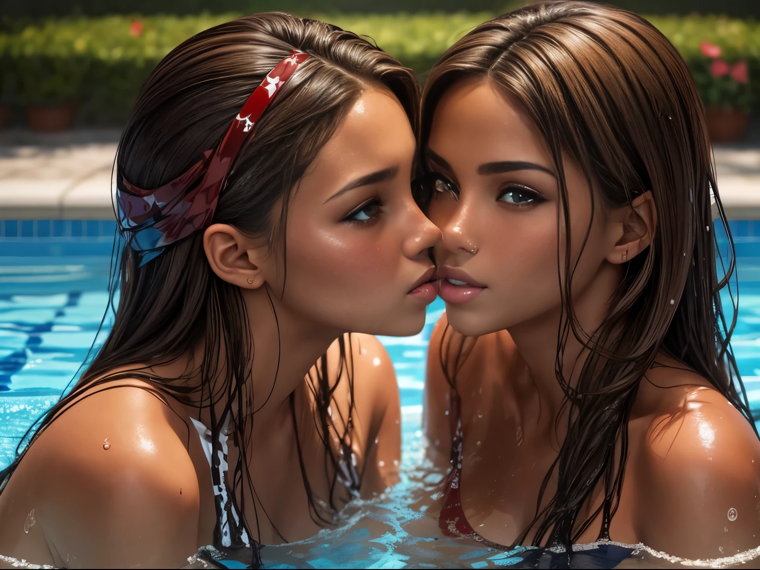 Several tanned women with dark blond hair ((Kissing)) in the swimming pool, seduce, desired face, Naughty look, Red checkbone, (masterpiece), best quality, expressive eyes, wet skin, perfect face, photo , ((realistic))