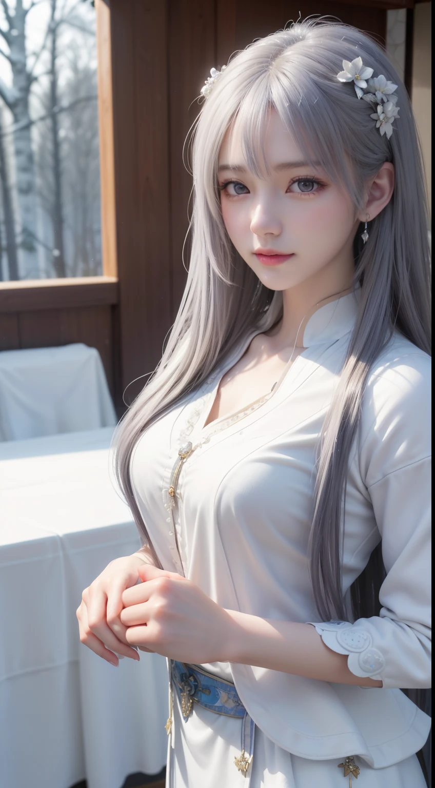 A close up of a woman with long hair wearing a white dress - SeaArt AI