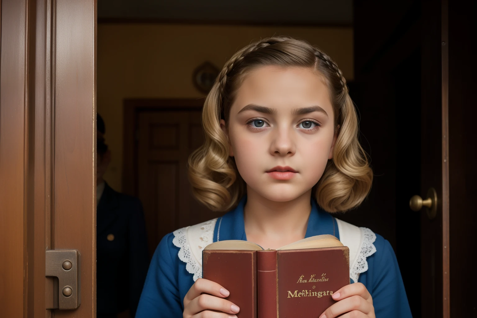 Molching, Germany, 1941. Outside, Through a mansion door thershold, ((((12-year-old)) Liesel Meminger)), very thin, kind, big-hearted, dangerous dark eyes, holding a book, ((angry, furious expression)). ((((poor casual clothings from the 1940s)))), ((dark-blond hairstyle of the 1940s))
