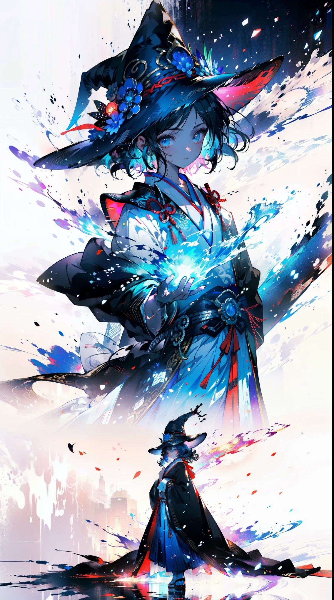 white backgrounid, blue skirts，Solo woman, solo, (Kneeling), (Kneeling on white glass surface), (minimum, Tiny), (white backgrounid), (Witch hat), curlies, looking at viewert, in a panoramic view, Faraway view, Starting from the night of the ark, Popular topics on artstation pixiv, arknight, Digital art on Pixiv,onmyoji detailed art, Japanese anime fantasy illustrations, author：heroes, Anime art wallpaper 8 K, sky witch, Pixiv style, Anime art wallpaper 4k, Anime art wallpaper 4k, ink wash style