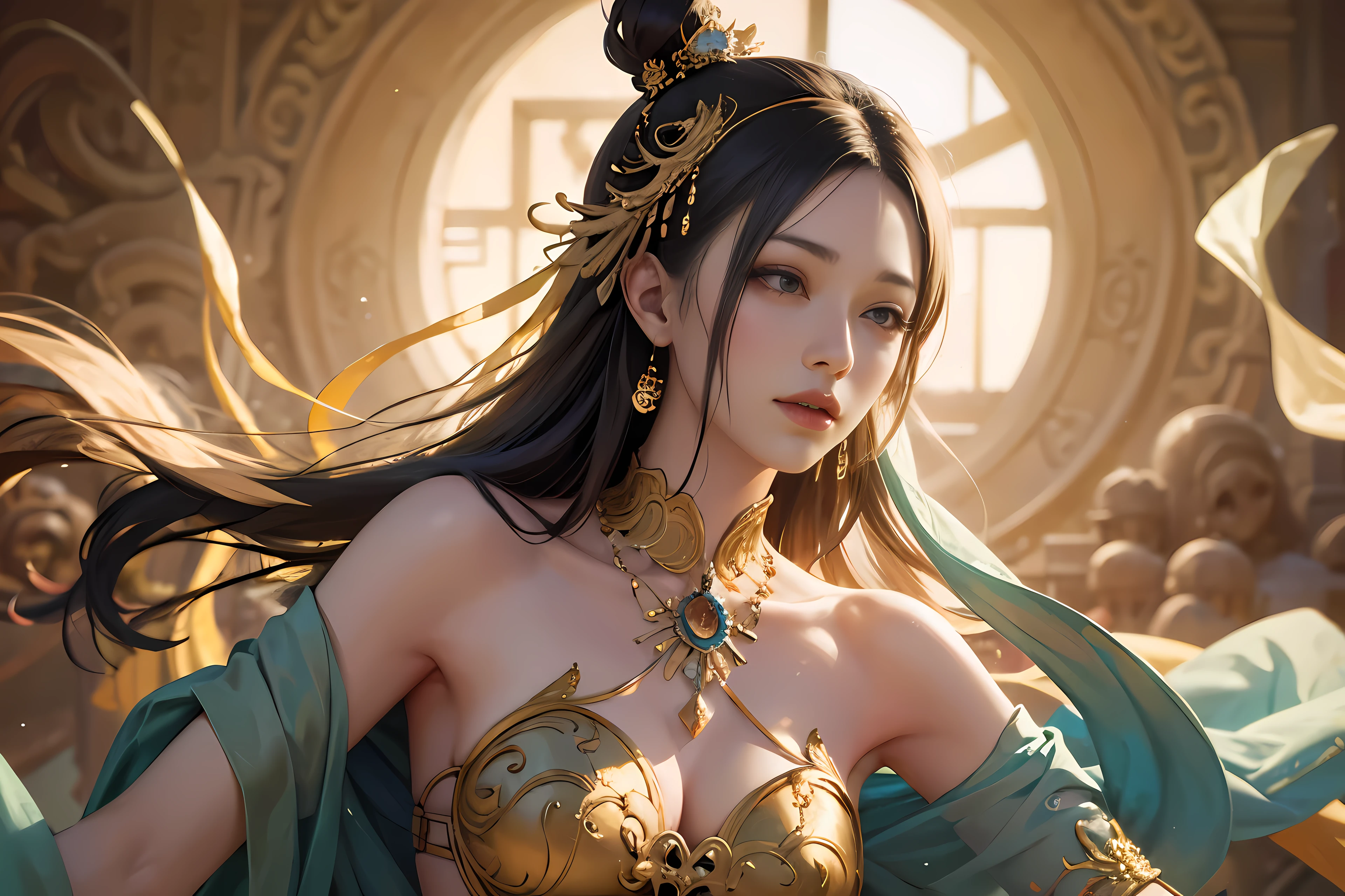 1 girl wink,
Dunhuang_clothing，
Dunhuang_style，
best quality, actual, actual, Award-winning illustrations, (intricate details: 1.2), (fine details), (intricate details), (movie lighting, best quality Backlight), clear lines, fashion girl, sharp focus, actual Face, Detailed face, official art, unified 8k wallpaper, ultra high resolution, (actual: 1.5), portrait, Dance,