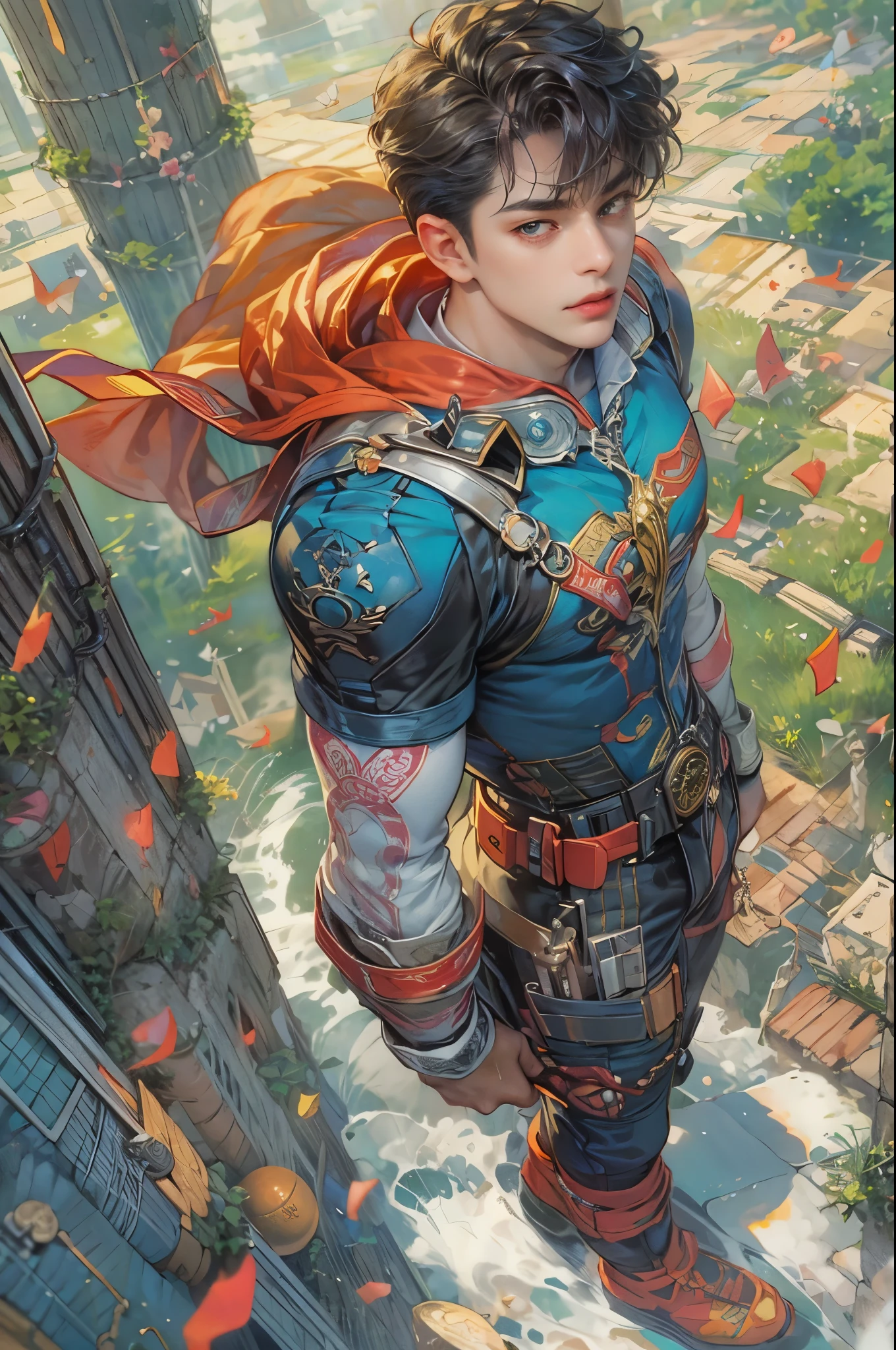 ((Best quality)), ((masterpiece)), (detailed), ((perfect face)), ((halfbody)) handsome face, male,  boy,  perfect proportions , a male hero of the character from DC comics in a colorful outfit, detailed scenery background 