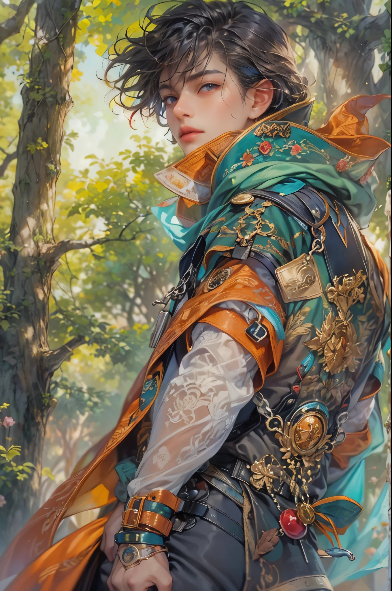 ((Best quality)), ((masterpiece)), (detailed), ((perfect face)), ((halfbody)) handsome face, male, boy, perfect proportions , a male hero of the character from DC comics in a colorful outfit, detailed scenery background