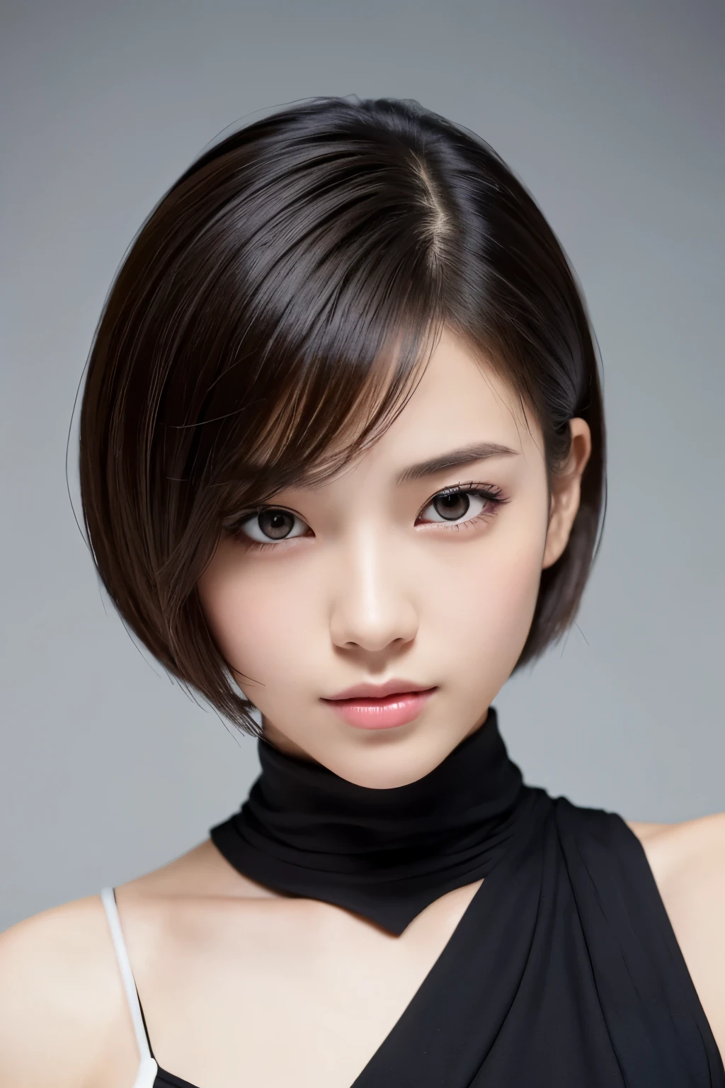 ((masterpiece, top quality, high definition)), 1 girl, (photorealistic: 1.4), Japanese, 20 years old, with stylish short hair in a mannish style. She has a stylish face type, embodying a cool and confident demeanor. The background is a white studio with professional lighting, and she is posing directly at the camera, exuding a strong, confident presence. Her attire complements her mannish and stylish look, perfectly aligning with her short hair and stylish persona. ((face close-up)), (drawing all head, shoulders),

