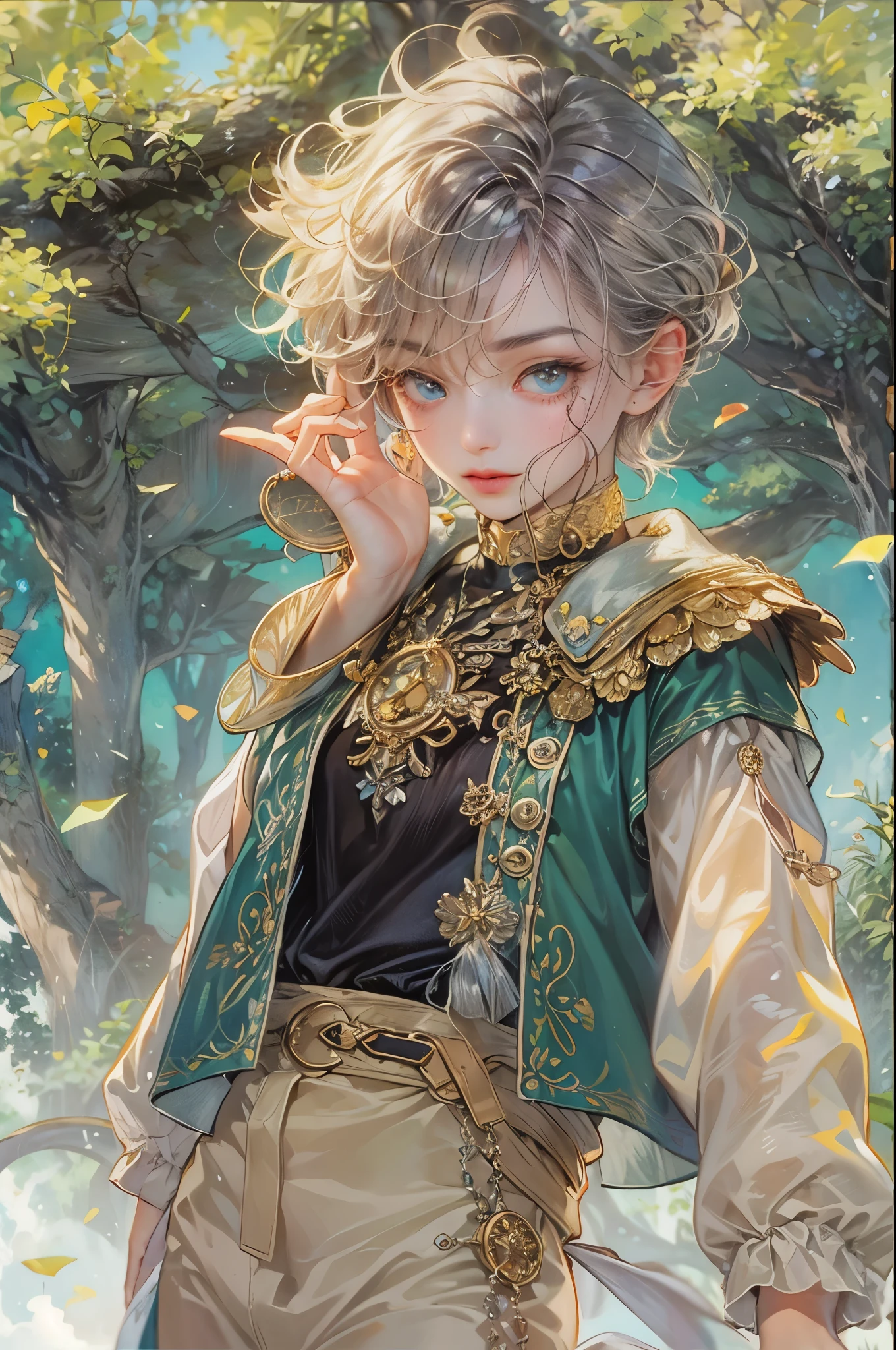 ((Best quality)), ((masterpiece)), (detailed), ((perfect face)), ((halfbody)) handsome face, male, teen boy, perfect proportions , a male version of the character from Black Clover anime, colorful outfit, detailed scenery background