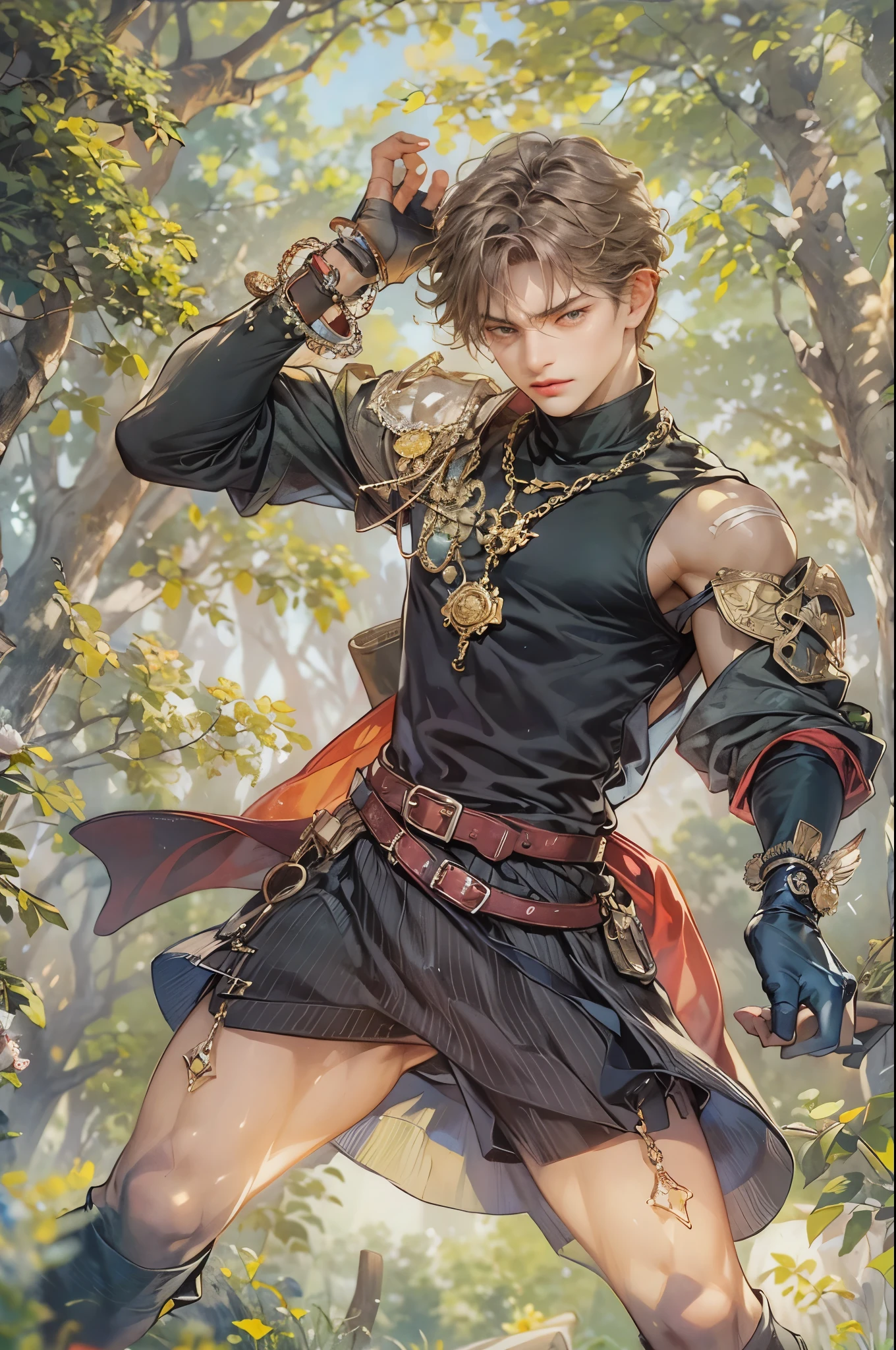 ((Best quality)), ((masterpiece)), (detailed), ((perfect face)), ((halfbody)) handsome face, male, teen boy, perfect proportions , a male version of the character from Black Clover anime, colorful outfit, detailed scenery background
