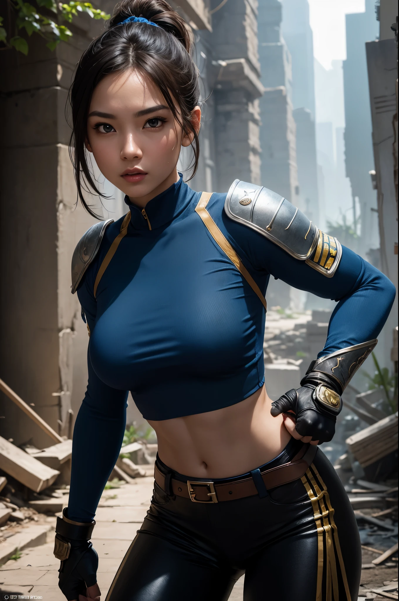8K,The younger sister of twin sisters wearing casual clothes,Super beautiful(like the real thing),super realistic skin,My sister is tall and has a muscular, slim body.,Violent and strongly cracked abdominal muscles,small breasts,blue sexy combat uniform,Big eyes,black eyes,Light brown-haired ponytail,fancy makeup,blue combat pants,blue jacket,grim expression,masterpiece,Photorealistic RAW photos of the highest quality。bright colors,rich colors, Backlight, cinematic lighting, film grain, to be born, 50mm lens, Nikon D850,detailed character art,fantasy art,ultra high resolution,super realistic skin,Perfect hand shape,In front of the abandoned temple,beautiful expression,blue gauntlets on both arms,fighting pose,dynamic pose,action scene,wrestle,