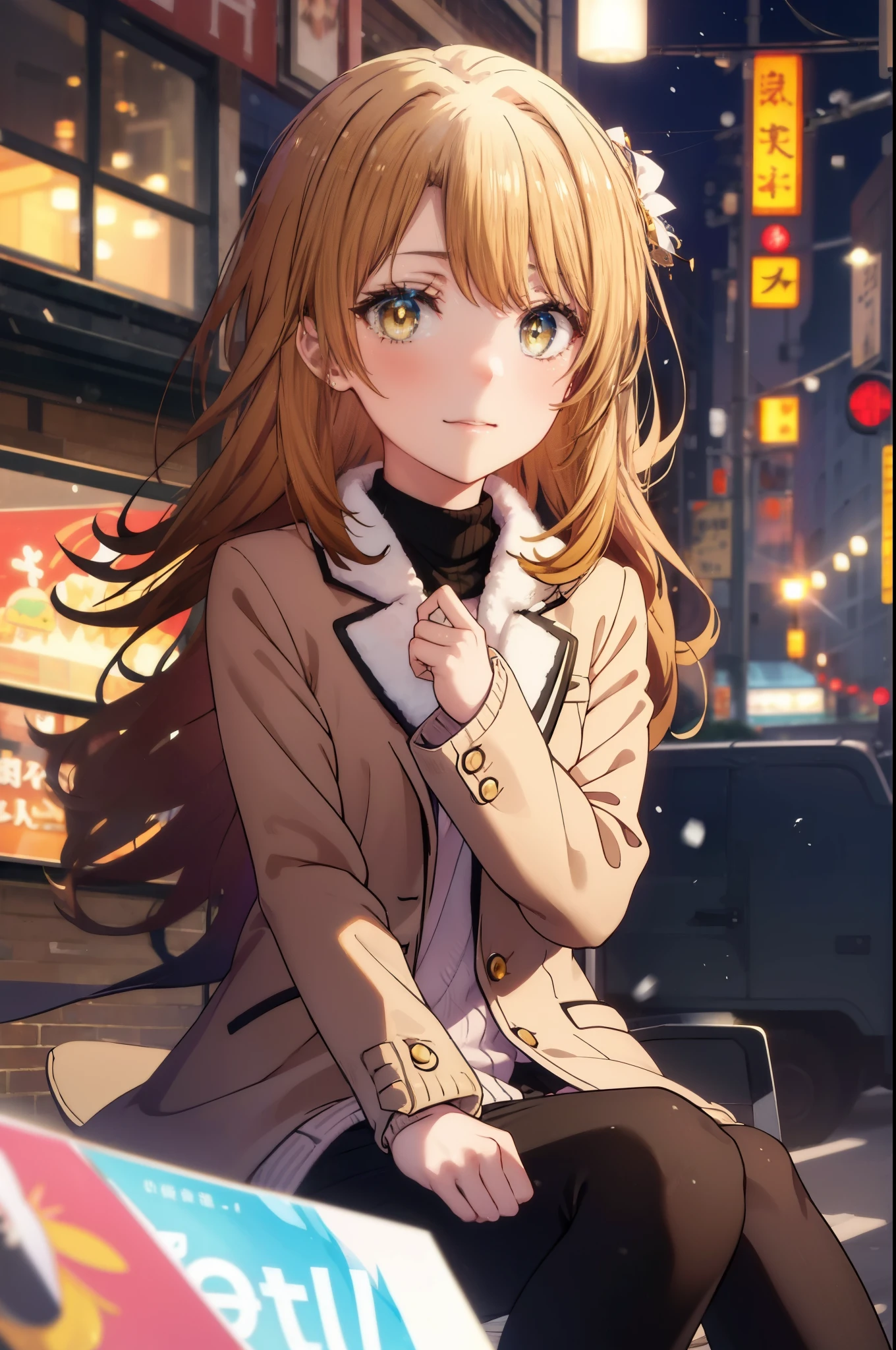 irohaisshiki, Isshiki Iroha, long hair, brown hair, (brown eyes:1.5), smile,blush,yellow long coat,sweater,red muffler,black long skirt,black tights,short boots,winter,that'It's snowing,
break outdoors, city,building street,
break looking at viewer,
break (masterpiece:1.2), highest quality, High resolution, unity 8k wallpaper, (shape:0.8), (beautiful and detailed eyes:1.6), highly detailed face, perfect lighting, Very detailed CG, (perfect hands, perfect anatomy),