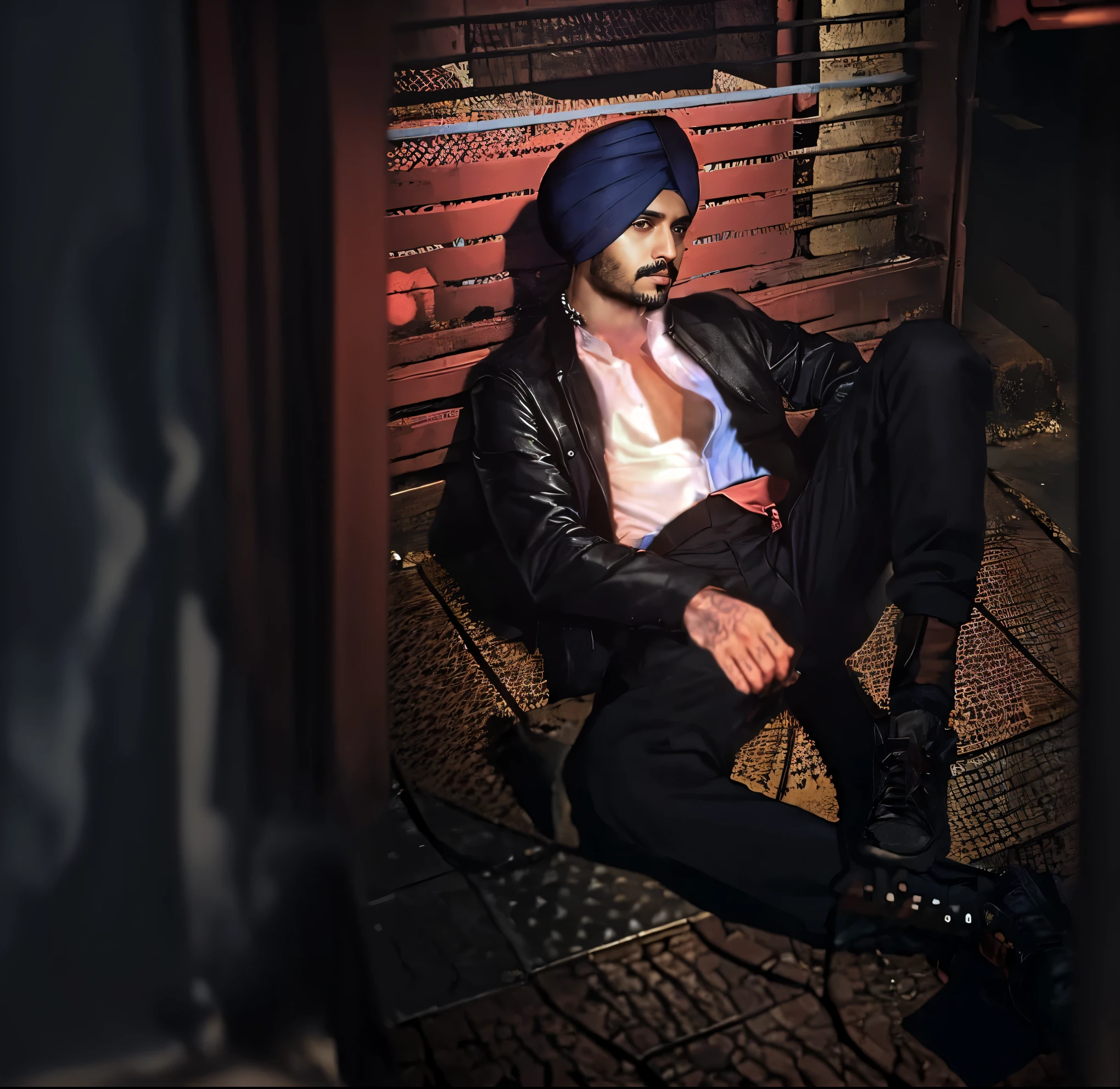 there is a man wearing a turban sitting on the ground, wearing urban clothing street wear and a turban, steven klein, in a cyberpunk setting, inspired by Nikolaj Abraham Abildgaard, in cyberpunk, beautiful androgynous prince, style of seb mckinnon, androgyny, in cyberpunk style, delicate androgynous prince, in style of kar wai wong, jean deville