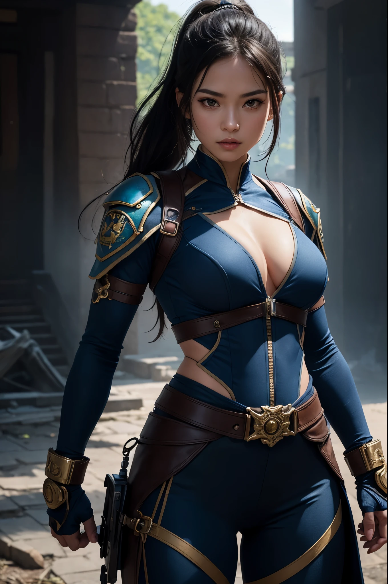 8K,The younger sister of twin sisters wearing casual clothes,Super beautiful(like the real thing),super realistic skin,My sister is tall and has a muscular, slim body.,Violent and strongly cracked abdominal muscles,small breasts,blue sexy combat uniform,Big eyes,black eyes,Light brown-haired ponytail,fancy makeup,blue combat pants,blue jacket,grim expression,masterpiece,Photorealistic RAW photos of the highest quality。bright colors,rich colors, Backlight, cinematic lighting, film grain, to be born, 50mm lens, Nikon D850,detailed character art,fantasy art,ultra high resolution,super realistic skin,Perfect hand shape,In front of the abandoned temple,beautiful expression,blue gauntlets on both arms,fighting pose,dynamic pose,action scene,throw a fist,