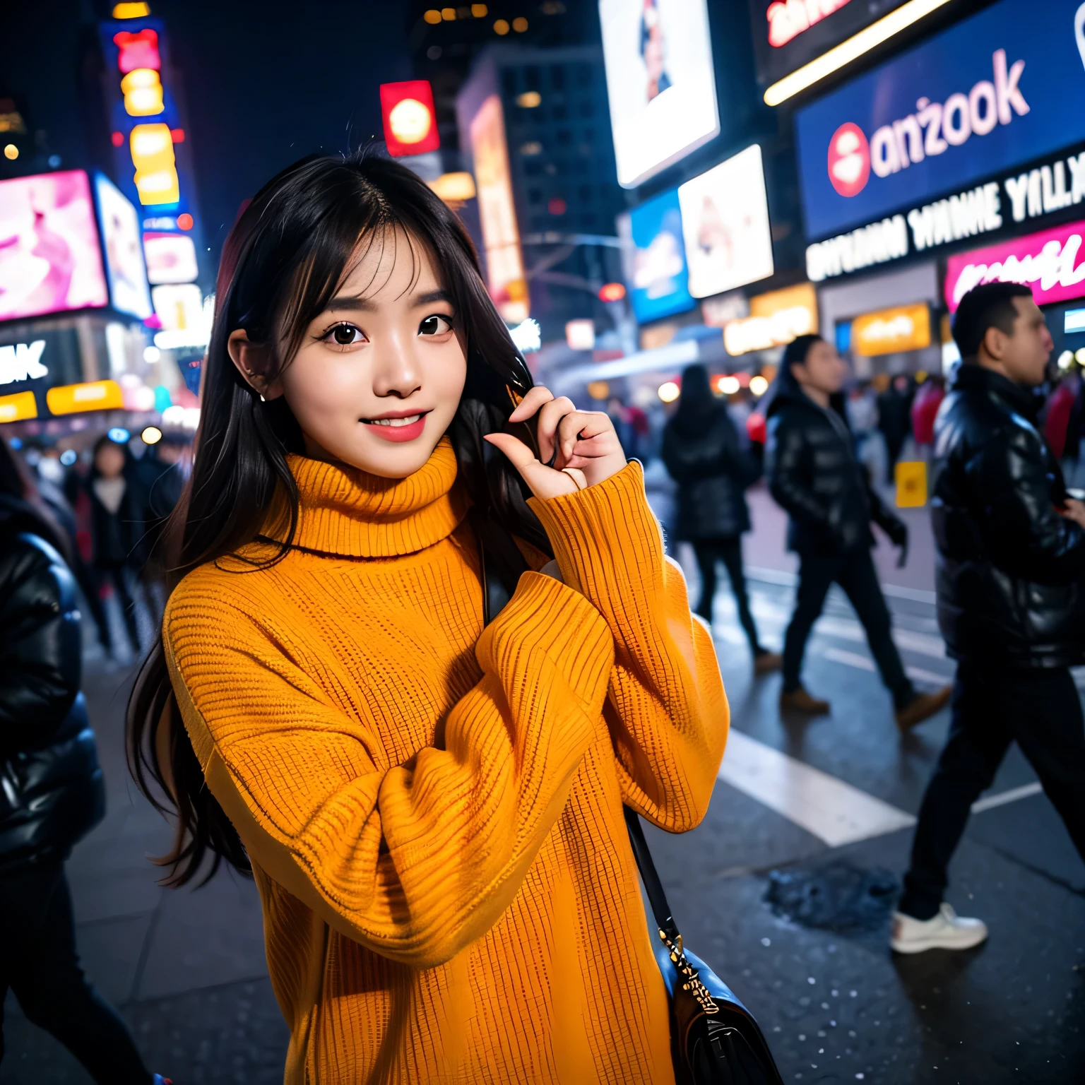 TYPE : Beauty Photography
THEME : fashion style
RACE : Indonesian, young
PERSON 1 : Early 20s, woman
SCENE : outdoor , night , a woman standing across the time square new york, creating an beauty atmosphere , wind blowing effect, beautiful and cute expression , cute pose .smile at camera
PROPS: : complete decoration of time square new york , wearing stylist bright orange long turtleneck sweater , wind blow
CAMERA : photographed using an Canon eos 90d DSLR camera with 18-135mm lens , detail skin texture , detailed face , close up , low exposure
ANGLE : High Dynamic Range (HDR) shot
inspiration byousoku 5 cm