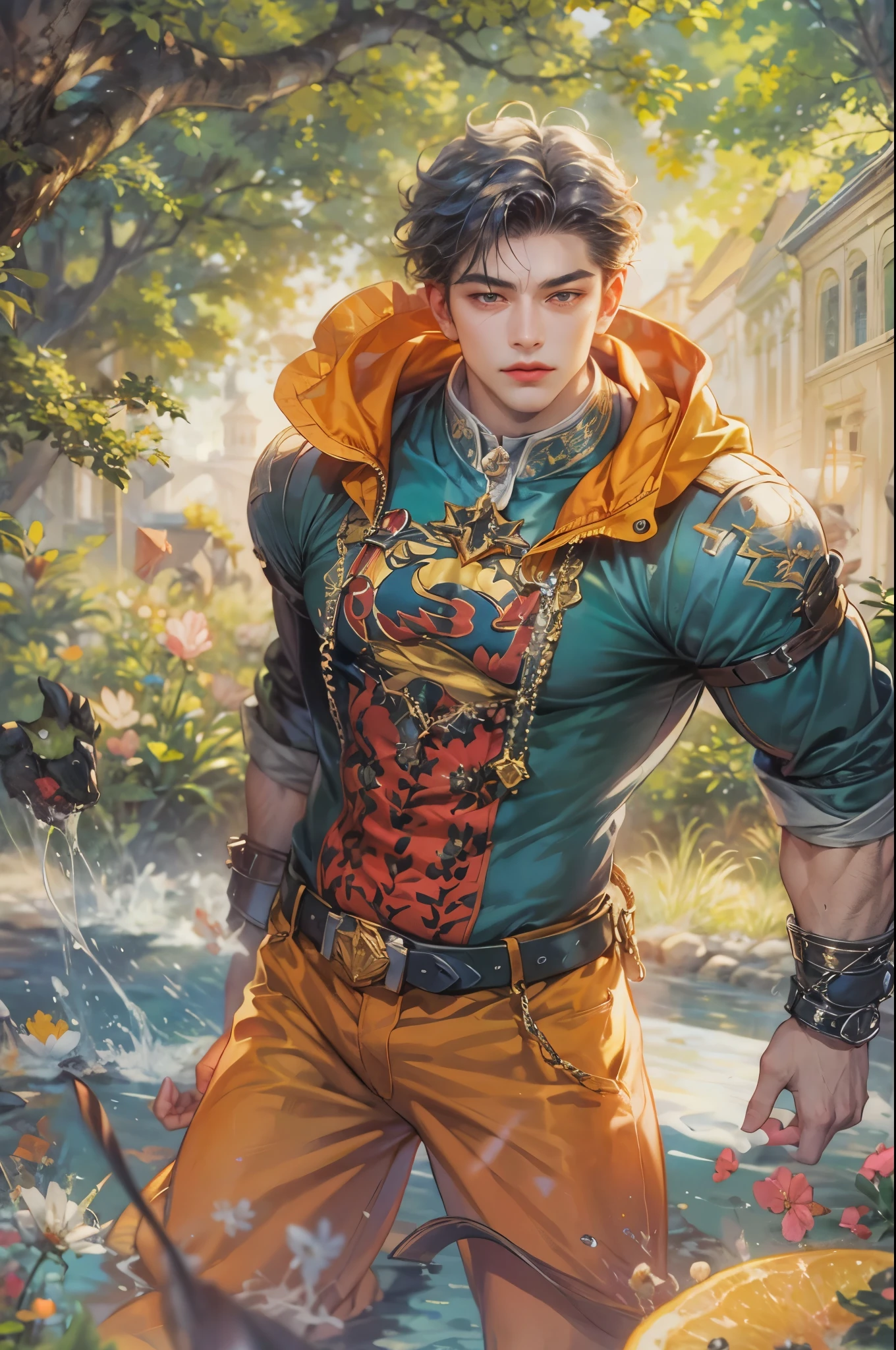 ((Best quality)), ((masterpiece)), (detailed), ((perfect face)), ((halfbody)) handsome face, male, teen boy, perfect proportions , a male hero of the character from DC comics in a colorful outfit, detailed scenery background