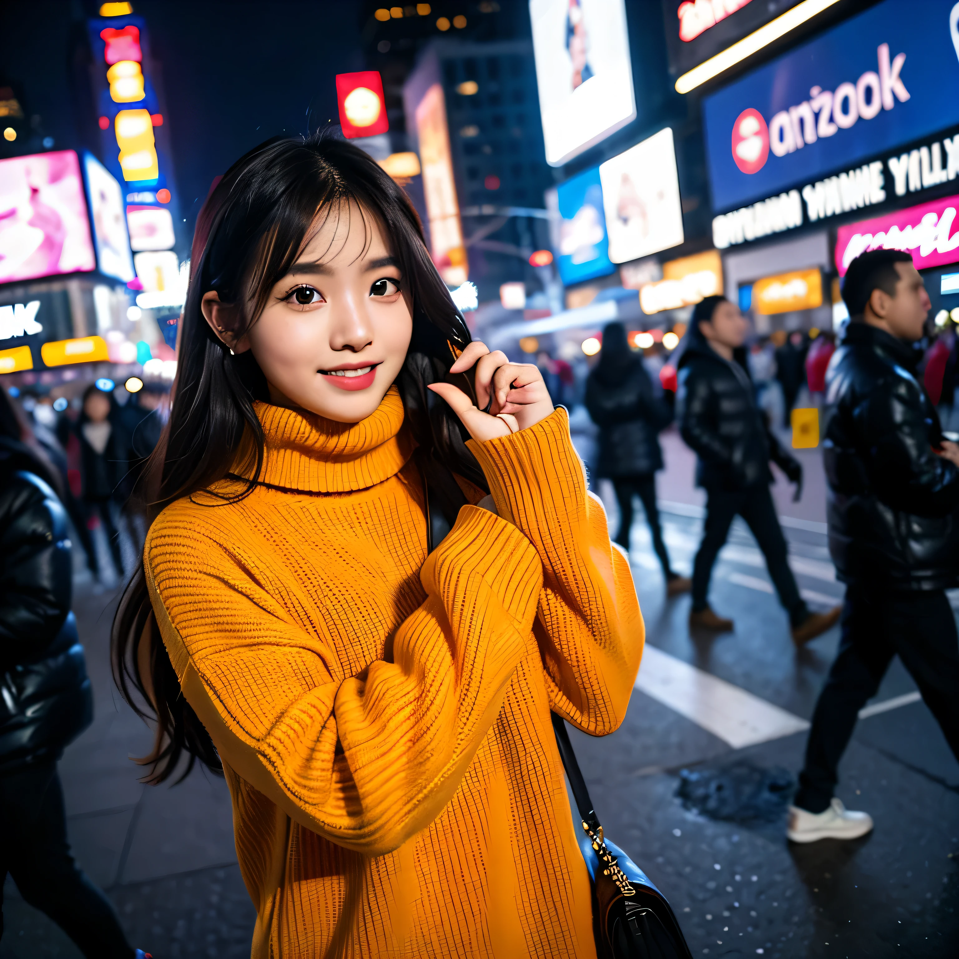 TYPE : Beauty Photography
THEME : fashion style
RACE : Indonesian, young
PERSON 1 : Early 20s, woman
SCENE : outdoor , night , a woman standing across the time square new york, creating an beauty atmosphere , wind blowing effect, beautiful and cute expression , cute pose .smile at camera
PROPS: : complete decoration of time square new york , wearing stylist bright orange long turtleneck sweater , wind blow
CAMERA : photographed using an Canon eos 90d DSLR camera with 18-135mm lens , detail skin texture , detailed face , close up , low exposure
ANGLE : High Dynamic Range (HDR) shot
inspiration byousoku 5 cm