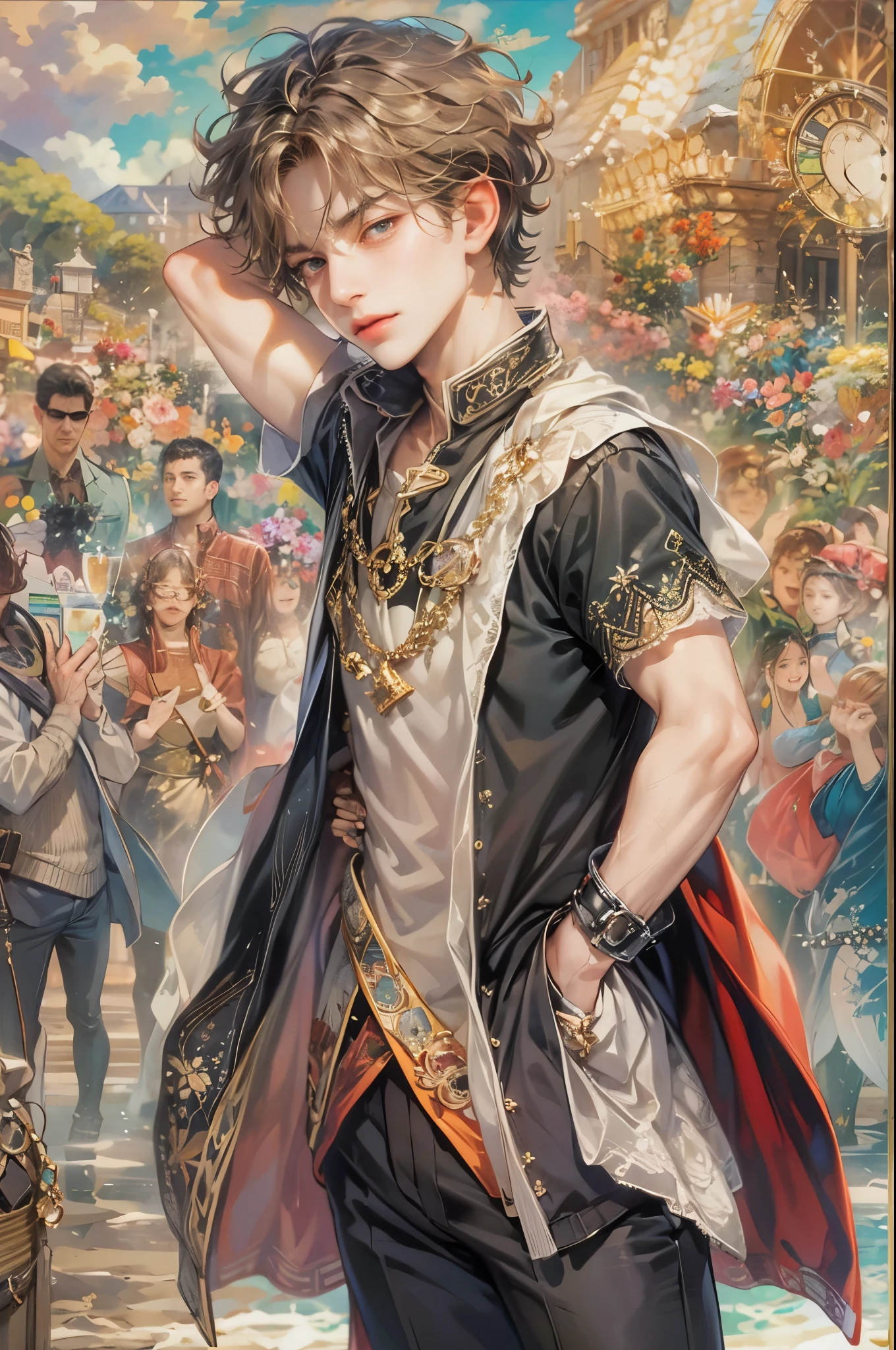 ((Best quality)), ((masterpiece)), (detailed), ((perfect face)), ((halfbody)) handsome face, male,  boy,  perfect proportions , a male version of the character from Black Clover anime, colorful outfit, detailed scenery background 