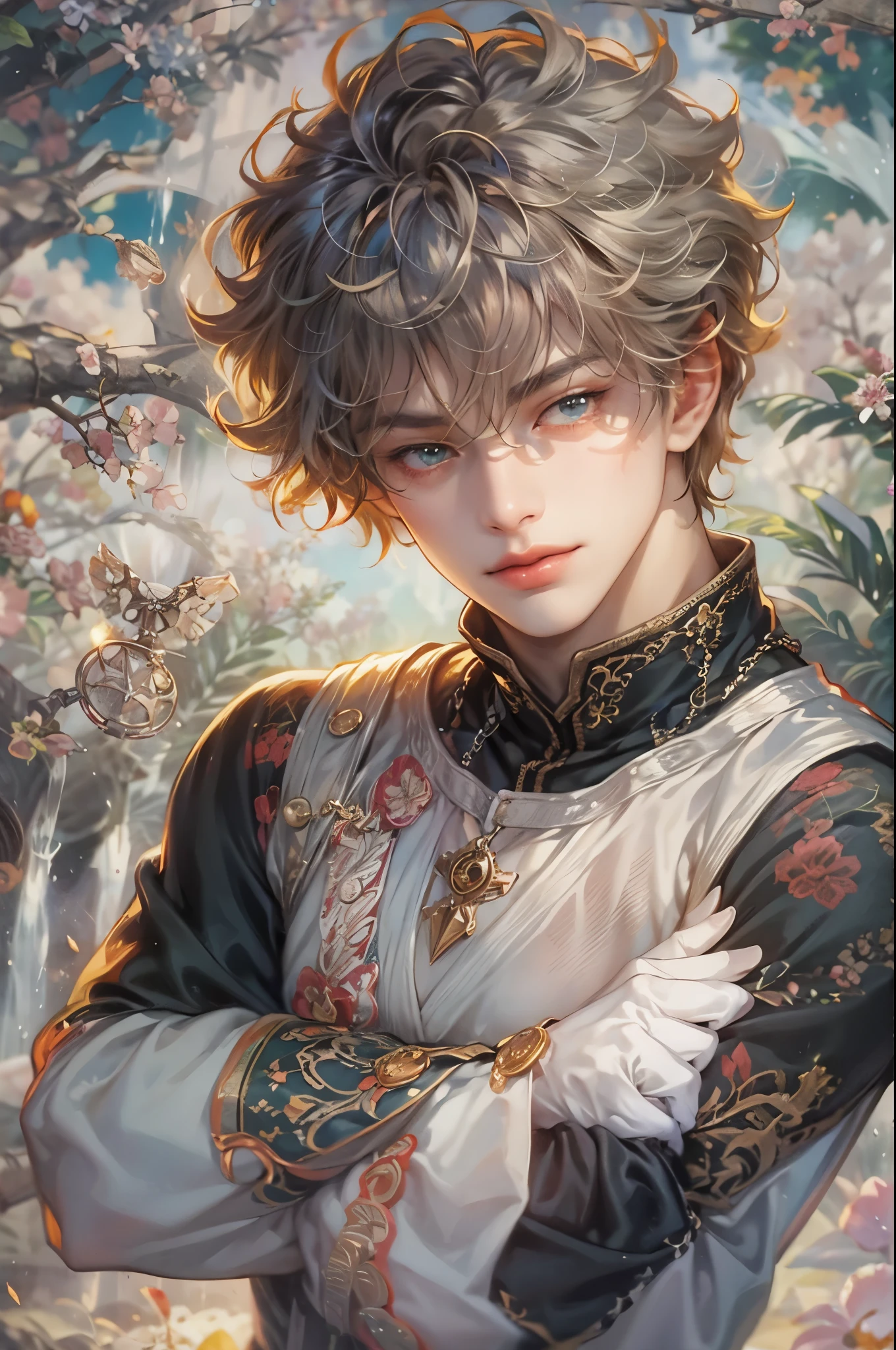 ((Best quality)), ((masterpiece)), (detailed), ((perfect face)), ((halfbody)) handsome face, male,  boy,  perfect proportions , a male version of the character from Black Clover anime, colorful outfit, detailed scenery background 