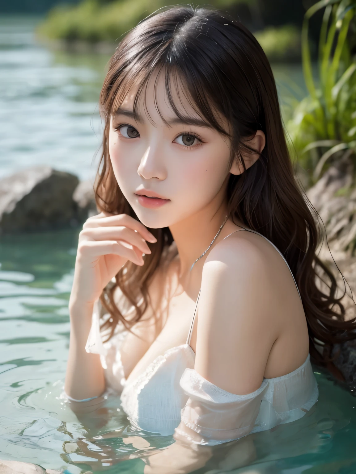 masterpiece, best quality, RAW photo, photorealistic, 8k, ultra detailed photo, beautiful Japanese girl with fair skin, Create an image of a yo blonde Japanese idol girl sitting on the water surface. She is wearing a white dress and accessories, There are ripples spreading on the water surface, and a mysterious forest is visible in the background. The image has a realistic texture that depicts the details of her skin and wavy hair, as well as the wrinkles and gloss of the dress fabric. The style of the image is modern art with colorful touch., upper body shot, close-up face, petals