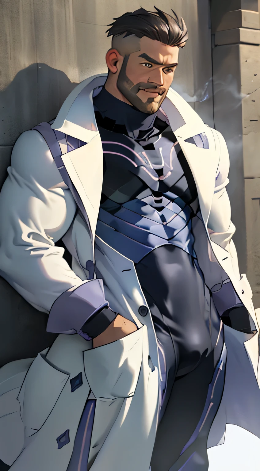 (masutepiece, Best Quality:1.2), Cowboy Shot, Solo, Male Focus, 1boy, Pokemon Touro, Closed mouth, Looking at Viewer, Open clothes, ((labcoat)), ((purple bodysuit), muscular guy, burly, hunk, Hot, big shoulders, big muscle, musculature、 (hyperdetailed face), smirking, standing on a green hill, bright sunlight