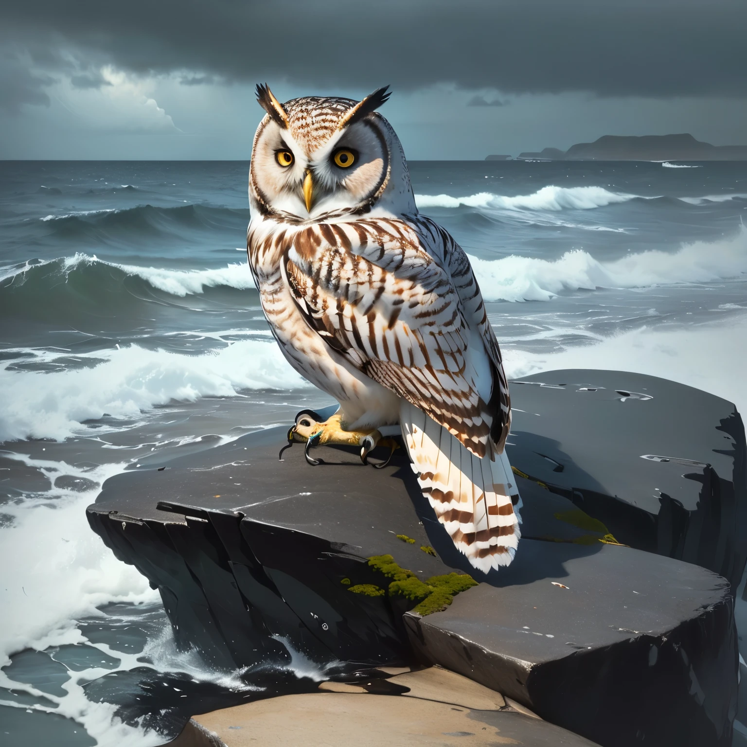 Owl, white owl, Sitting on the rocks by the sea, by John Constable, Cloudy, Cloudy weather, White compact, cloud, mild white tone of drizzling, weather rainy weather, The weather is foggy, Unsettled sea with long waves, strong wind. A famous painting, view from below. Lenz zoom, telephoto, wide angle, Matte colors are limited, Low color harmony, A sense of peace, loneliness, The feeling of being finished. A dreamy feeling. A masterpiece