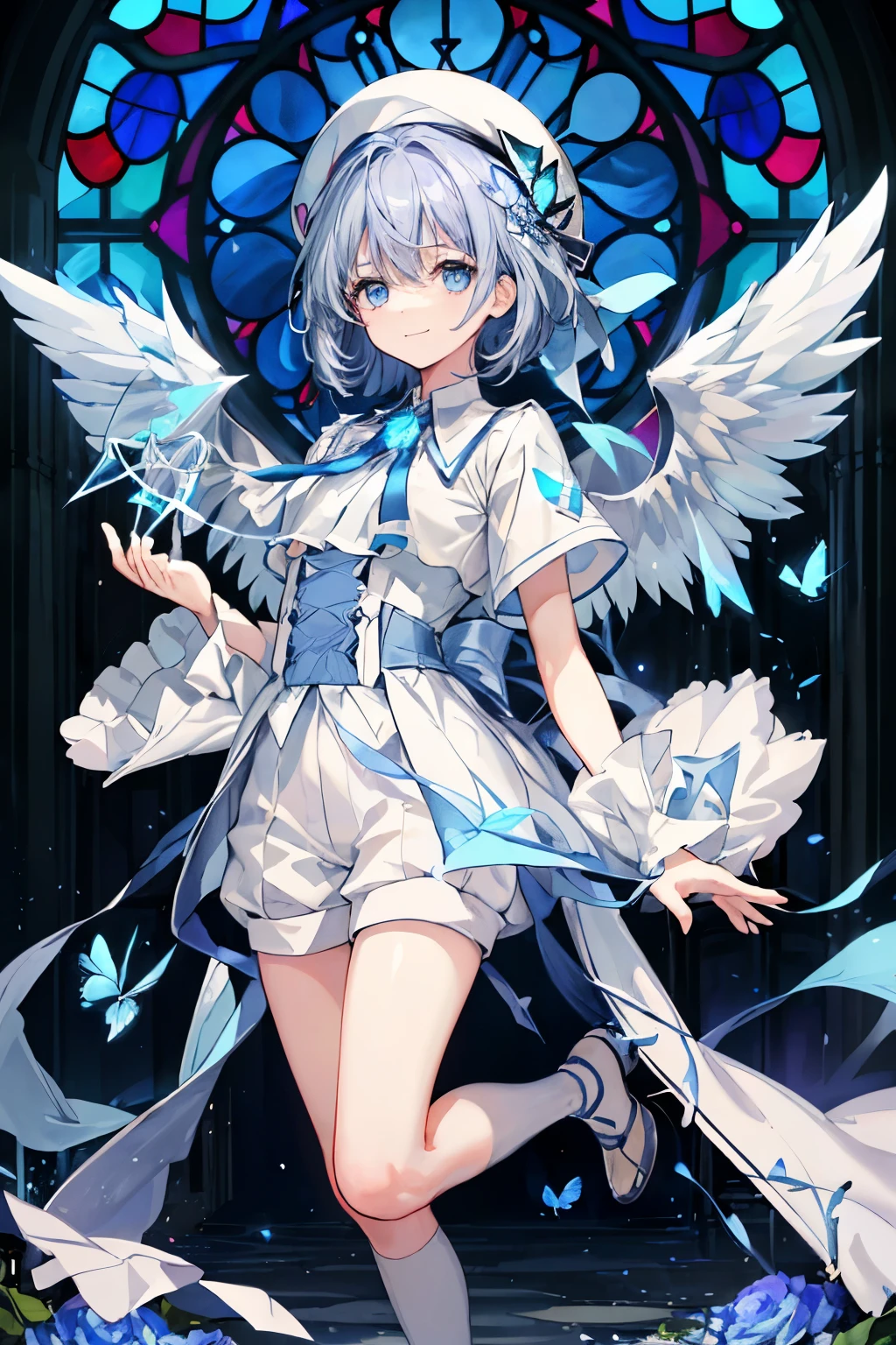 highest quality、detailed face、detailed costumes、detailed background、solo、teenage boy、Masseter muscle part、long gray hair、horizontal hair、light blue eyes、watch here、close your mouth、smile、full body esbian、8K high resolution、highest quality、Two pairs of angel wings sprouting from his back、light blue petals、light leak blur effect、particles of light、White shorts、White collar short sleeve shirt、light blue ribbon、white beret、Blue rose、fine eyes、delicate fingers and hands、Inner part of a cathedral、stained glass window、illuminated by a spotlight、god々々right、Light blue butterfly、dream-like、delicate hair