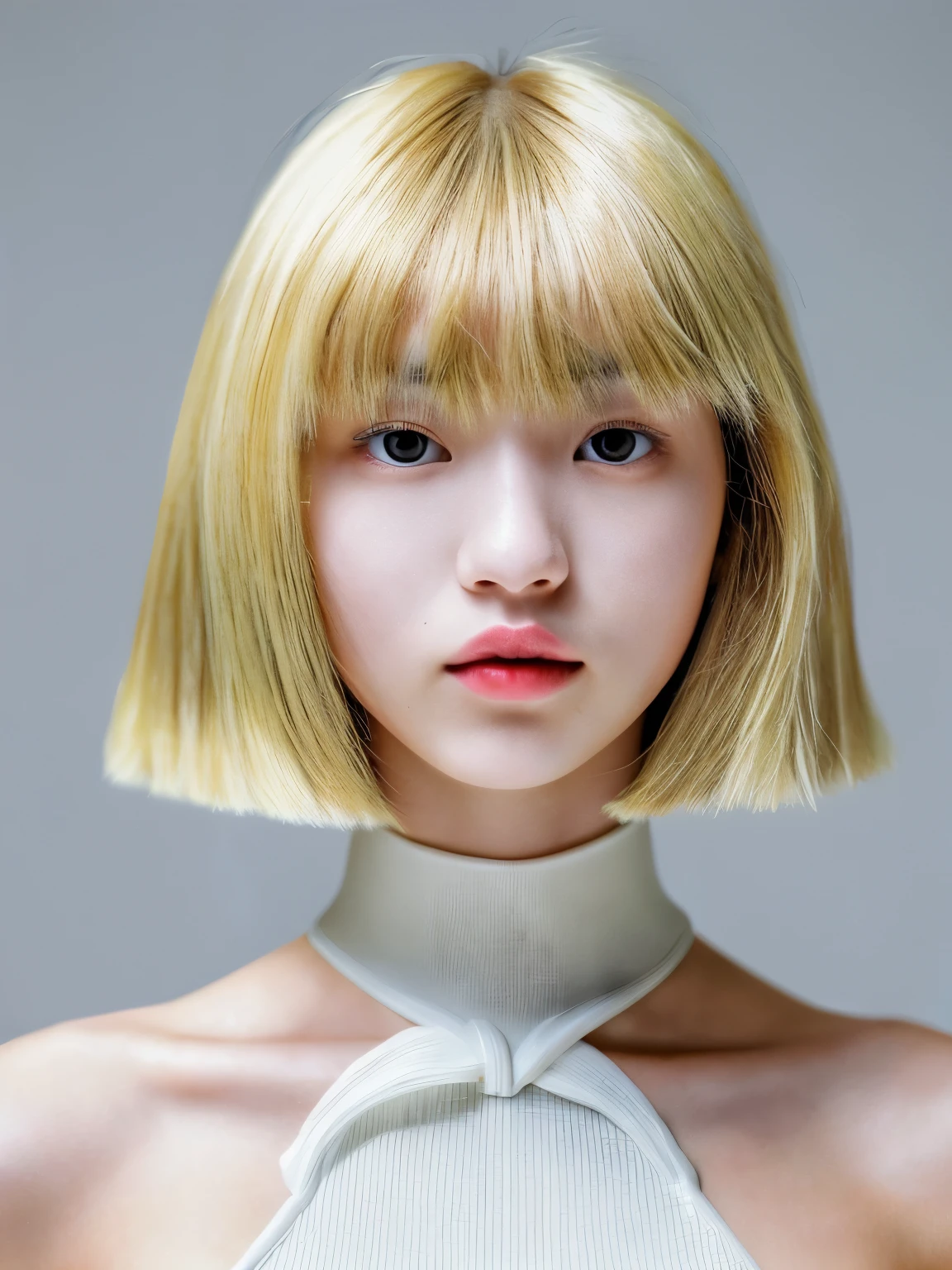 ((masterpiece、highest quality、High resolution))、A 20-year-old Japanese woman with a minimal short blonde hairstyle with movement.、Showcasing the vibrancy and elegance of her look。This hairstyle not only brings out her honey type face but also、Add a modern twist to make her stand out。she、Bold textures that challenge traditional silhouettes、vivid colors、She is wearing an advanced fashion ensemble featuring intricate layering.。The focus is、highlight her、Enhanced by studio lighting that emphasizes the clarity and simplicity of the composition、Placed against a stark white background。Her pose is confident and relaxed.、There is a slight slant that suggests movement and a positive attitude。Her direct and charming gaze、Invite participation to bridge the gap between fashion and art。((close up of face))、(Draw all the head and shoulders)、