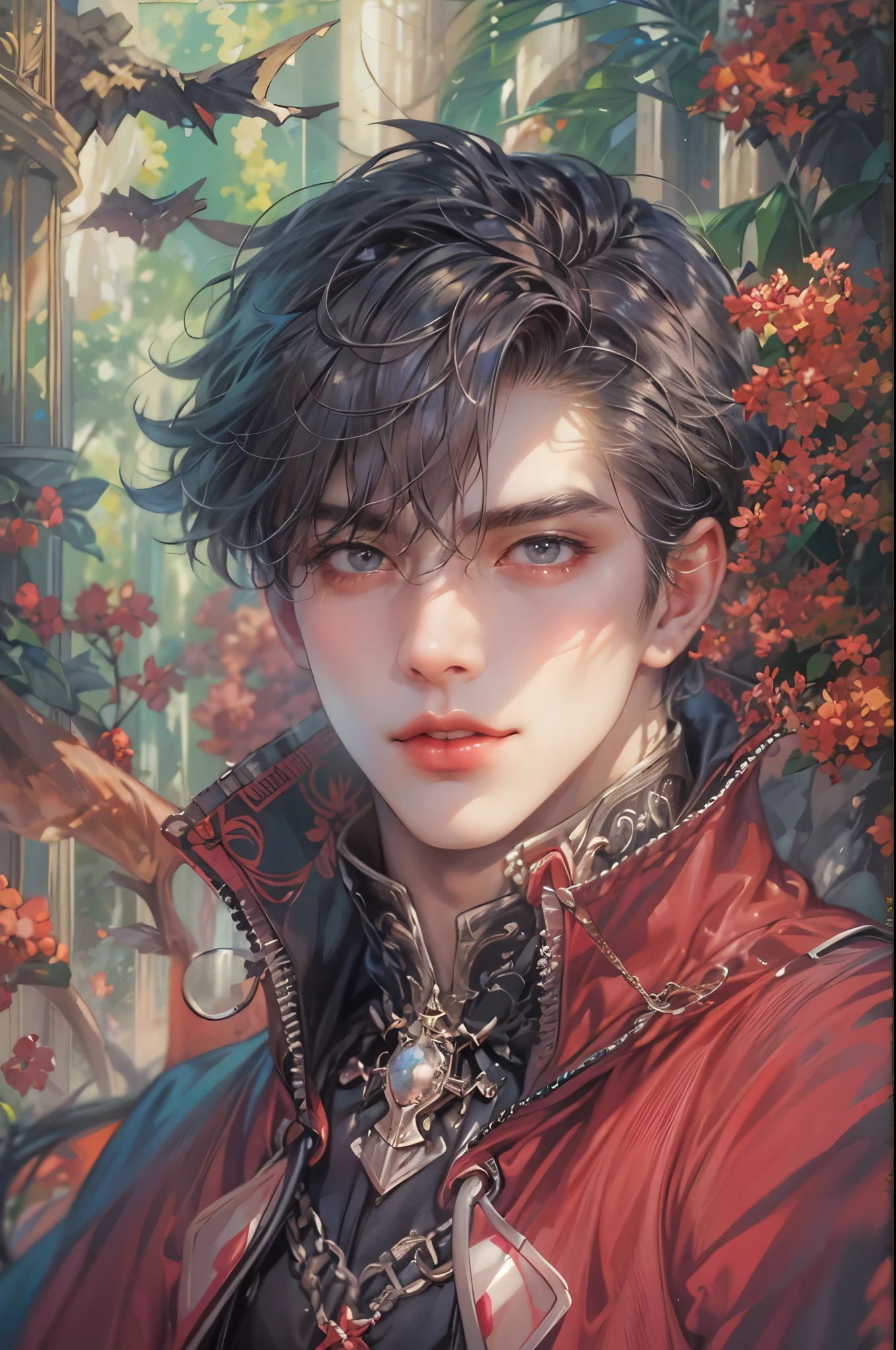((Best quality)), ((masterpiece)), (detailed), ((perfect face)), ((halfbody)) handsome face, male, teen boy, perfect proportions , a male character hero from vampire saviour comics in a colorful outfit, detailed scenery background