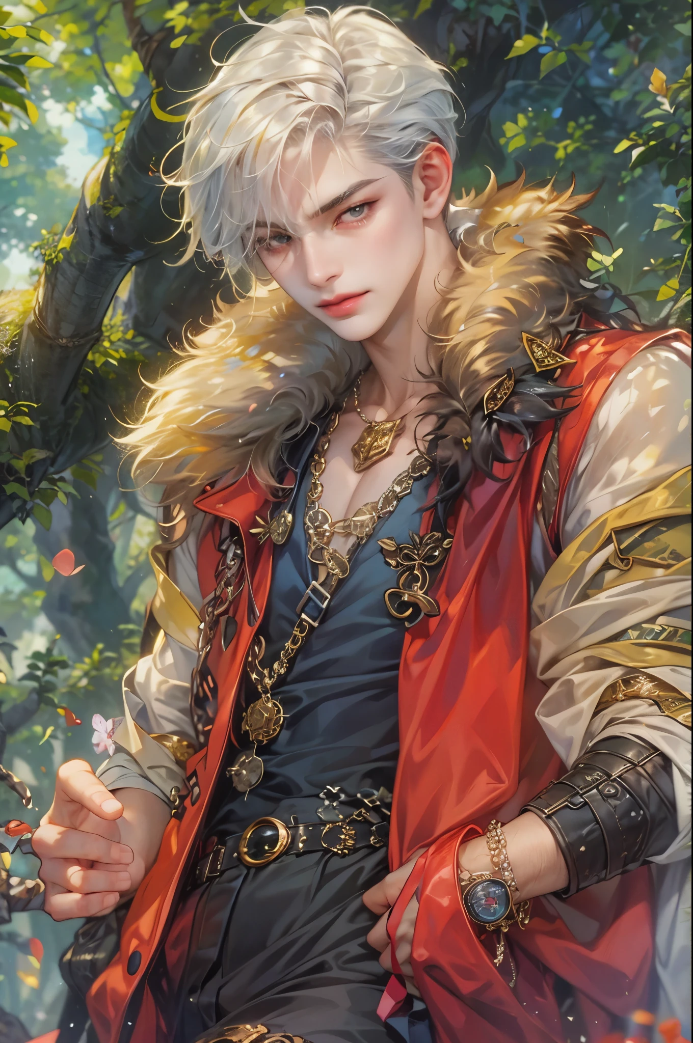 ((Best quality)), ((masterpiece)), (detailed), ((perfect face)), ((halfbody)) handsome face, male, **** boy,  perfect proportions , a male character hero from vampire saviour comics in a colorful outfit, detailed scenery background 