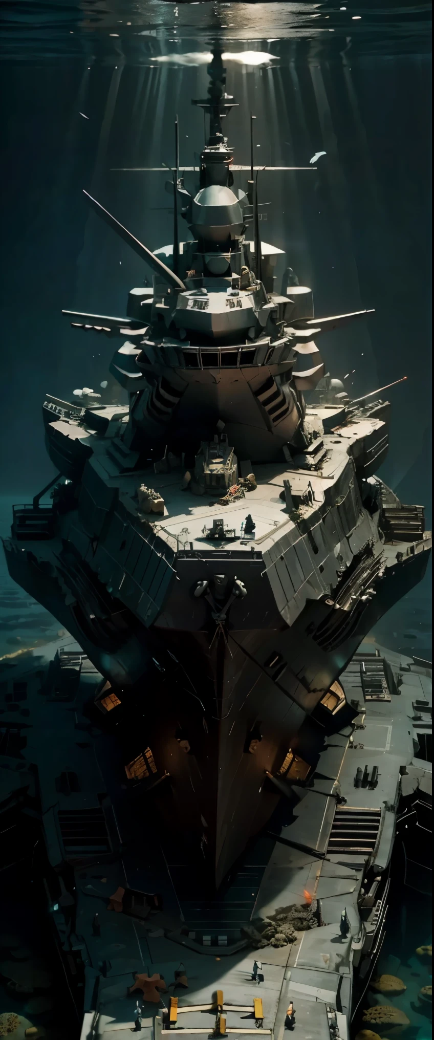 ((masterpiece, top quality, highest quality, high resolution, graphic, raw photo, 8K)), (Dark sea bottom, old battleship tilted and buried, bridge half collapsed, three main guns broken and covered with coral, large hole in the deck:1.5), Ancient battleship on the ocean floor is now a playground for fish, Underwater Photography, deep sea bottom, Tyndall Effect, tilted and buried, holey battleship, (View of the sunken ship from above:1.2),
