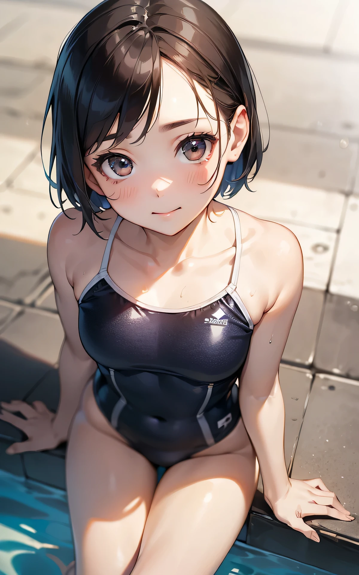 absurderes:2.0、(fron above:1.6)、realistic, Unity 8K Wallpaper, Masterpiece, Realistic face, Realistic skin feeling ,detailed hair, highly detailed, realistic glistening skin, Cute Girl, Perfect face, charming oval face, Glossy skin, Innocent smile, sitting, racing swimsuit、very short hair