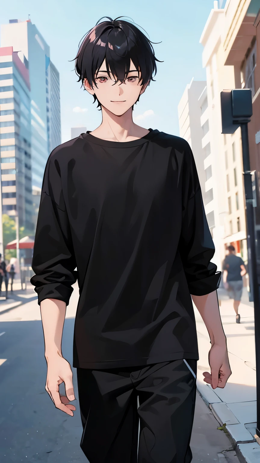 Photo of a 20 years old boy , wearing a black shirt , highlighted hairs, walking on the park ,smiling face , looking around,sharp focus,ultra quality, studio type photo 