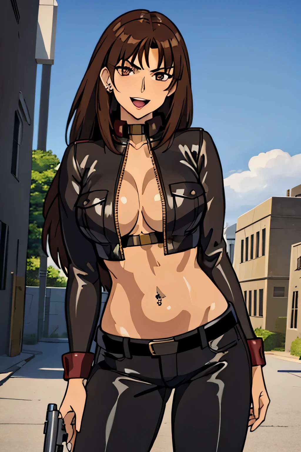  brown hair,brown eyes,short hair,
1 girl, 24yo,mature female,Beautiful Finger,Beautiful long legs,Beautiful body,Beautiful Nose,Beautiful character design, perfect eyes, perfect face,
masterpiece, best quality, highly detailed, a girls with a gun, evil smile , open mouth, sexy gaze, badass
pose , evil smile, smile, (nsfw) not safe for work, guns blazing, anime girl with long hair, beautiful long
haired girl, navel, evil expression, exposed belly, exposed navel, exposed midriff, exposed lower belly,
long black pants, crop top, cleavage, unbuttoned leather pants ,open fly, low rise black leather pants,
leather jacket, holding a gun, outdoor,street,road, navel piercing