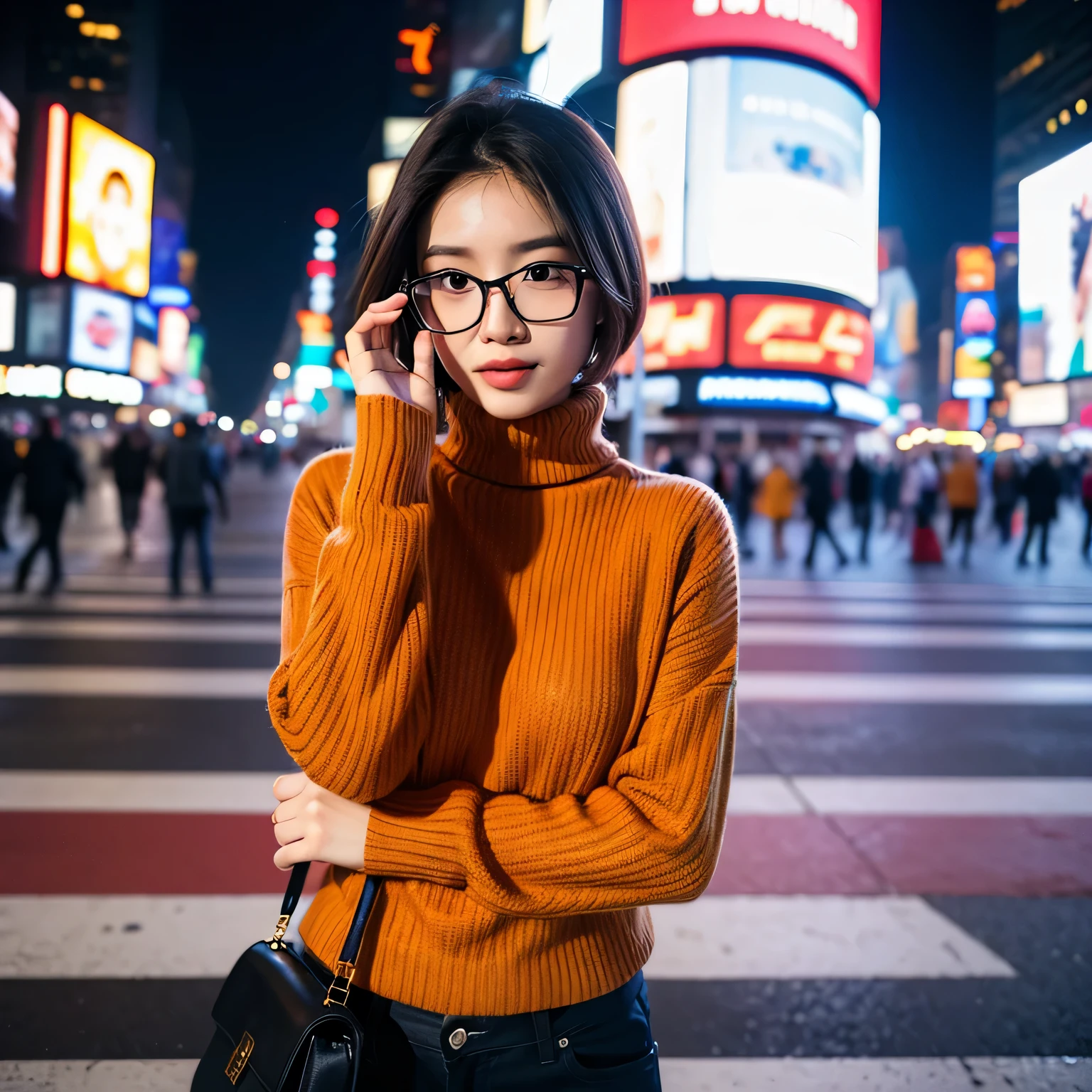 TYPE : Beauty Photography
THEME : fashion style
RACE : Indonesian, young
PERSON 1 : Early 20s, woman
SCENE : outdoor , night , a woman standing across the time square new york, creating an beauty atmosphere , wind blowing effect, beautiful and cute expression , cute pose .smile at camera
PROPS: : complete decoration of time square new york , wearing stylist bright orange long turtleneck sweater , wind blow , short hair, glasses
CAMERA : photographed using an Canon eos 90d DSLR camera with 18-135mm lens , detail skin texture , detailed face , close up , low exposure
ANGLE : High Dynamic Range (HDR) shot
inspiration byousoku 5 cm