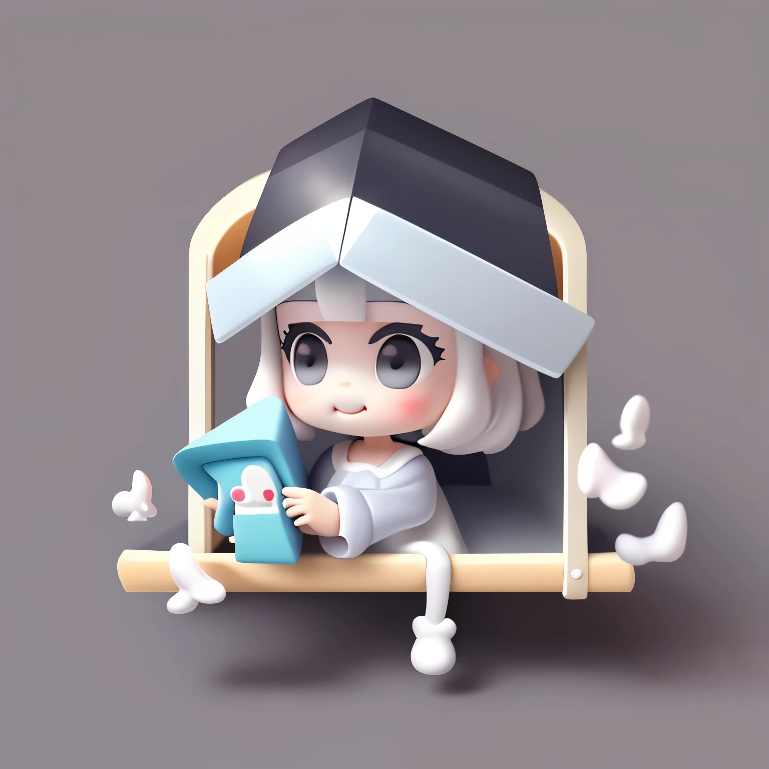 Bubble Mart blind box style,A cute who loves to laugh,Stick your head out of the window,princess cut hairstyle,Off-white hair,Wearing a dark gray skirt