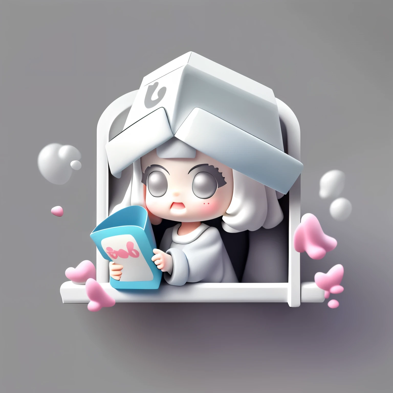 Bubble Mart blind box style,A cute who loves to laugh,Stick your head out of the window,princess cut hairstyle,Off-white hair,Wearing a dark gray skirt