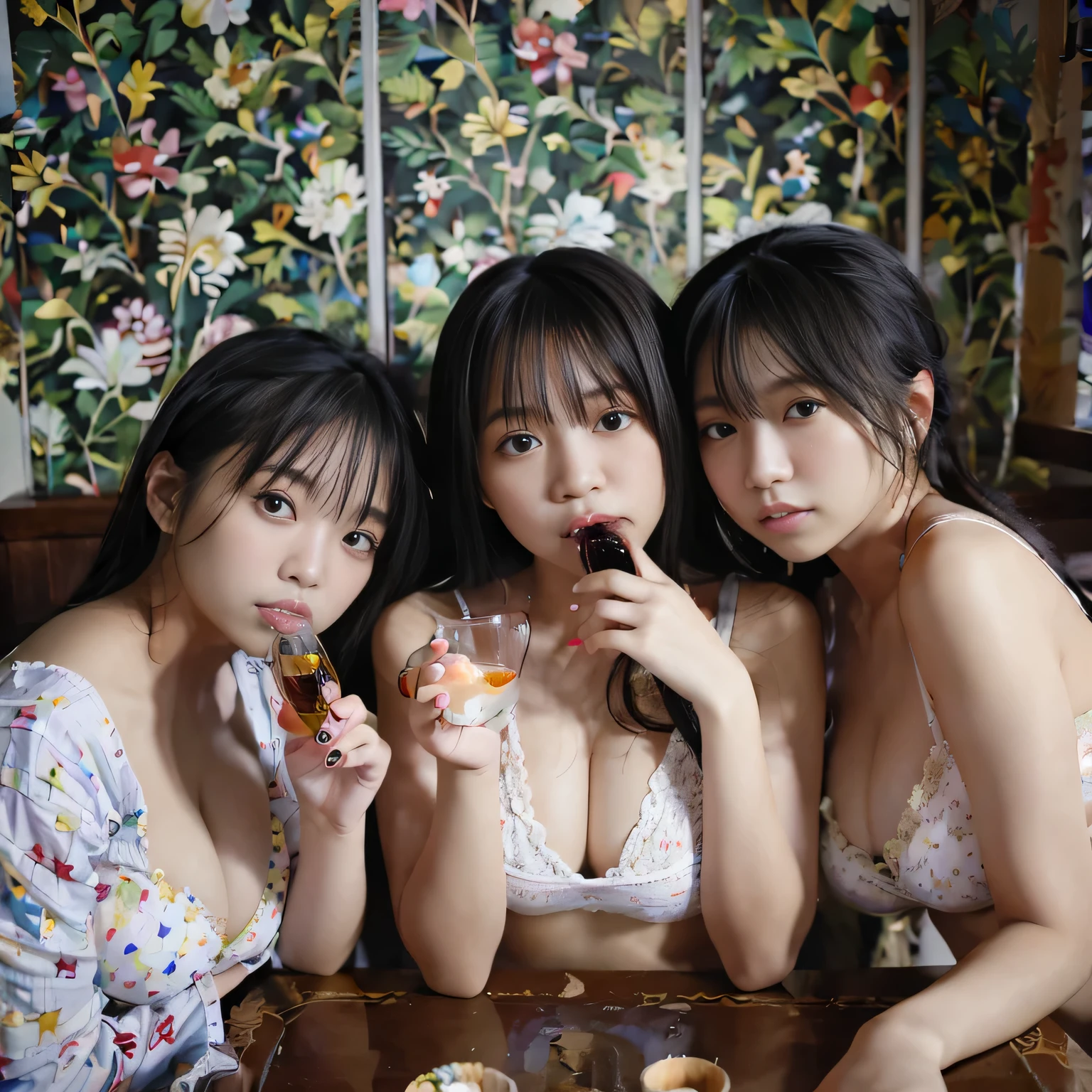 highest quality, masterpiece, ultra high resolution, (realistic:1.4), RAW photo, very detailed, 

(((A photo of three girls having fun drinking at home))), 

most popular japanese idols, All 15 years old, Everyone is so cute,  very beautiful big black firm round eyes, everyone has very beautiful hair, get high on cocaine, Everyone is wearing clothes with cute designs.