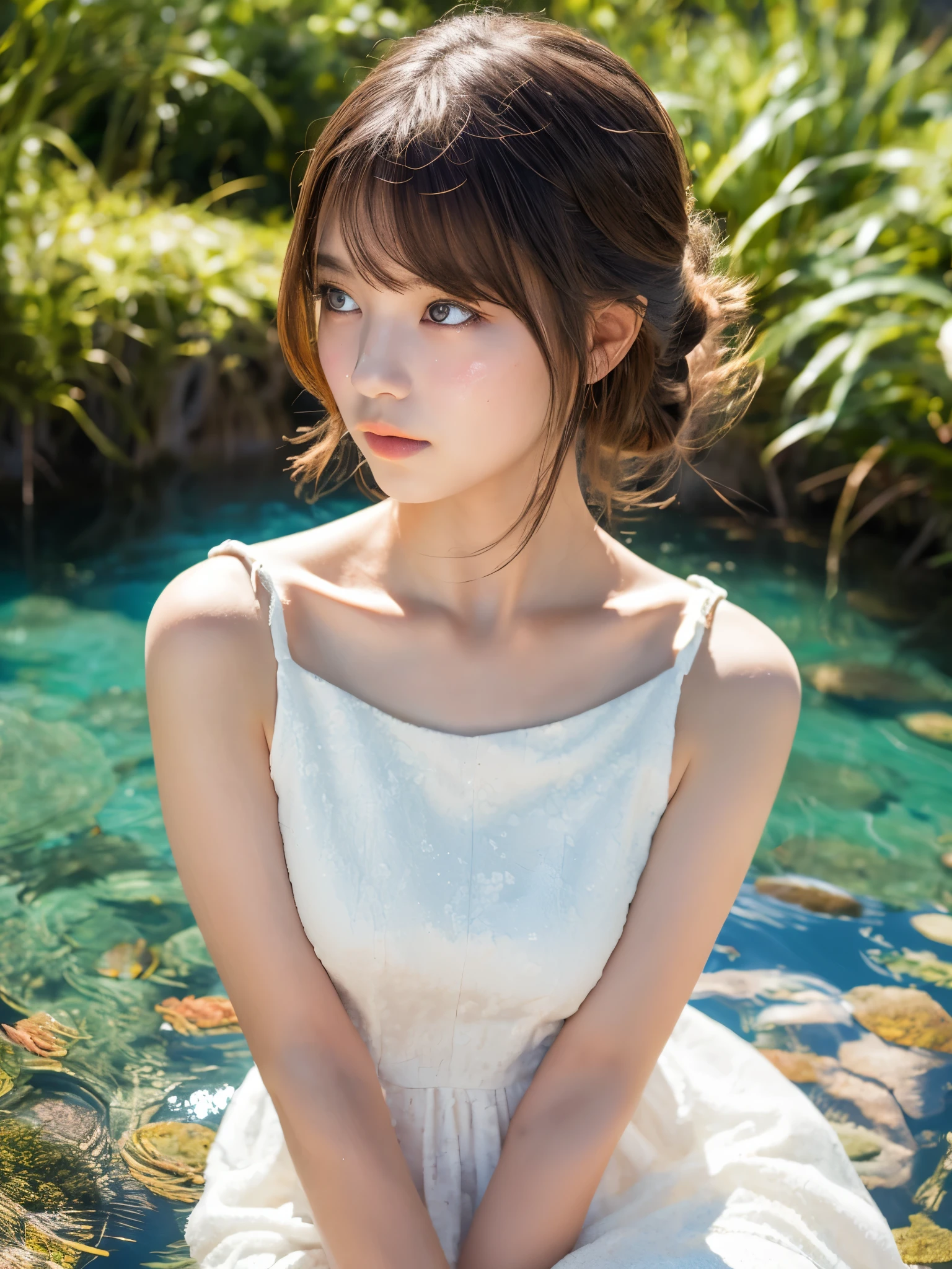 masterpiece, best quality, RAW photo, photorealistic, 8k, ultra detailed photo, beautiful Japanese girl with fair skin, Create an image of a 16yo blonde Japanese idol girl sitting on the water surface. She is wearing a white dress and accessories, There are ripples spreading on the water surface, and a mysterious forest is visible in the background. The image has a realistic texture that depicts the details of her skin and wavy hair, as well as the wrinkles and gloss of the dress fabric. The style of the image is modern art with colorful touch., upper body shot, close-up face, petals, (looking at viewer)
