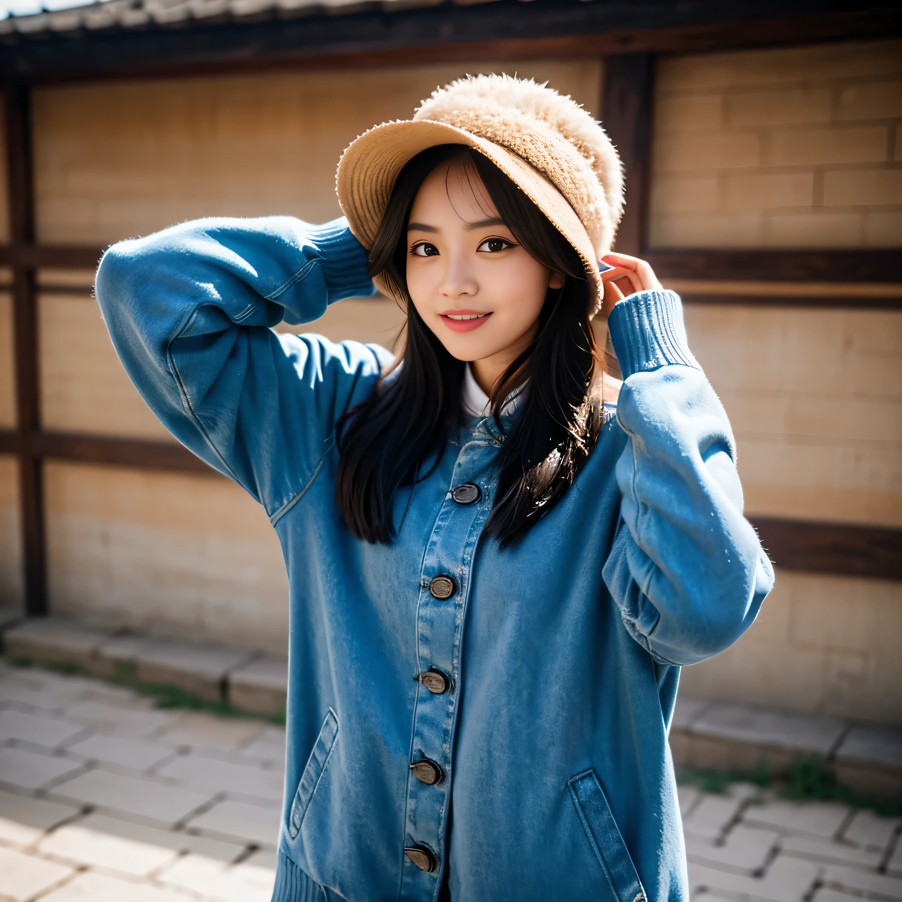 TYPE : Beauty Photography
THEME : nature
RACE : Indonesian, young
PERSON 1 : Early 20s, woman
SCENE : outdoor , standing on the great wall of china , creating an beauty atmosphere , wind blowing effect, beautiful and cute expression , cute pose .smile at camera
PROPS: : great wall of china, blue sky , wearing a warm coat jacket and warm wool hat, wind blow
CAMERA : photographed using an Canon eos 90d DSLR camera with 18-135mm lens , detail skin texture , detailed face , close up , low exposure
ANGLE : High Dynamic Range (HDR) shot