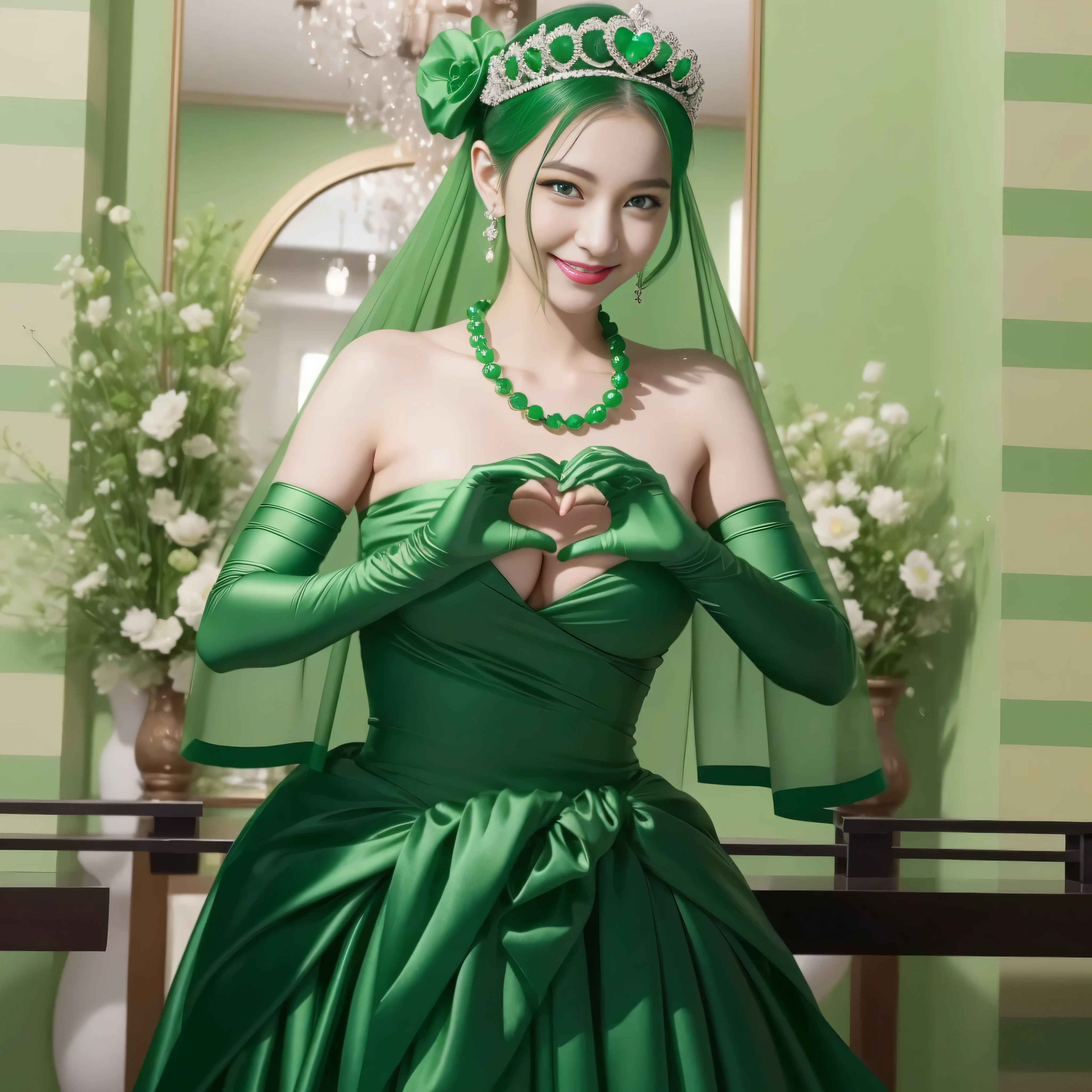 emerald tiara, Green Pearl Necklace, ボーイッシュな非常に短いgreen hair, green lips, smiling Japanese woman, very short hair,  Beautiful woman with big breasts, green eyes, green satin long gloves, green eyes, emerald earrings, Green veil, Heart with both hands, green hair, beautiful japanese woman, heart shaped hands:1.3, green lip gloss