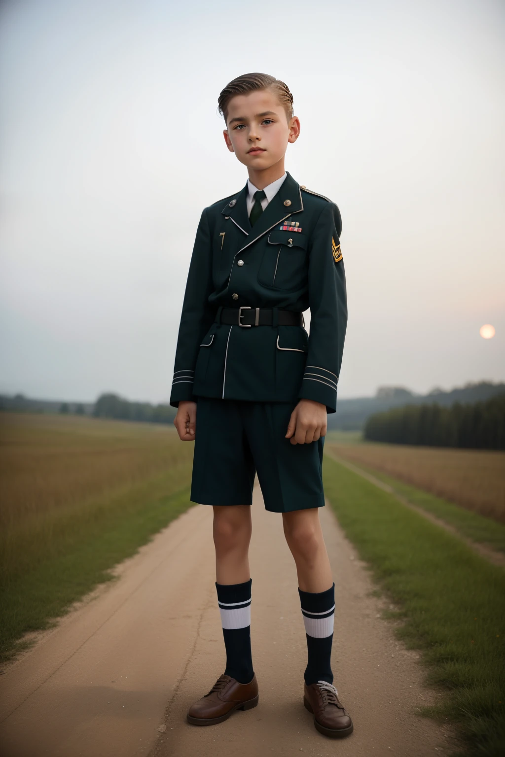 Molching, Germany, 1941. landscape view, ((((-yeld)) y Steiner)), very thin boy, athletic, bony legs, gangly eyes, covered in mood, ((moody expression)). ((((clothings from the 1940s, youth uniform)))), ((light-blond hairstyle of the 1940s))