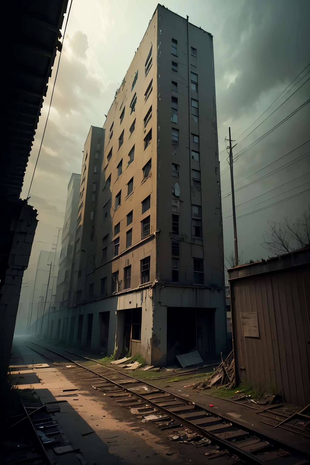Abandoned factory, dark ambient, low saturation, horror movie, industrial --auto
