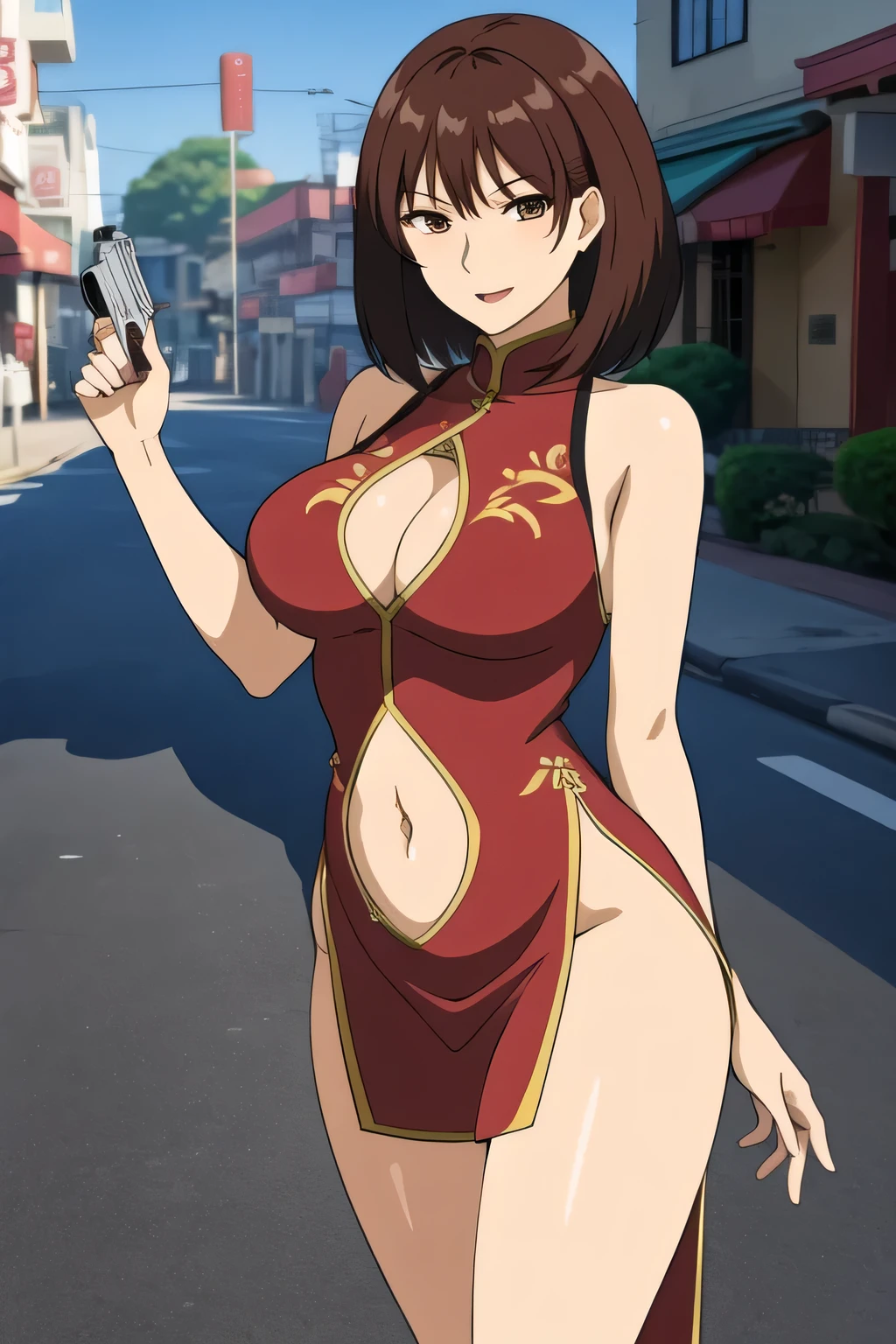  brown hair,brown eyes,short hair,
1 girl, 24yo,mature female,Beautiful Finger,Beautiful long legs,Beautiful body,Beautiful Nose,Beautiful character design, perfect eyes, perfect face,
masterpiece, best quality, highly detailed, a anime girls in china dress with navel cutout holding a gun
posing for a picture, navel cutout, crop top, china dress, ecchi anime style, evil smile, open mouth,
smile, anime girls, ecchi style, ecchi, digital anime art!!, in anime style, official artwork, (nsfw) not safe
for work, beautiful anime girl, anime style 4 k, pelvic curtain, exposed belly, exposed navel, exposed
midriff, exposed lower belly, holding a gun, chinatown, outdoor,street,road, 