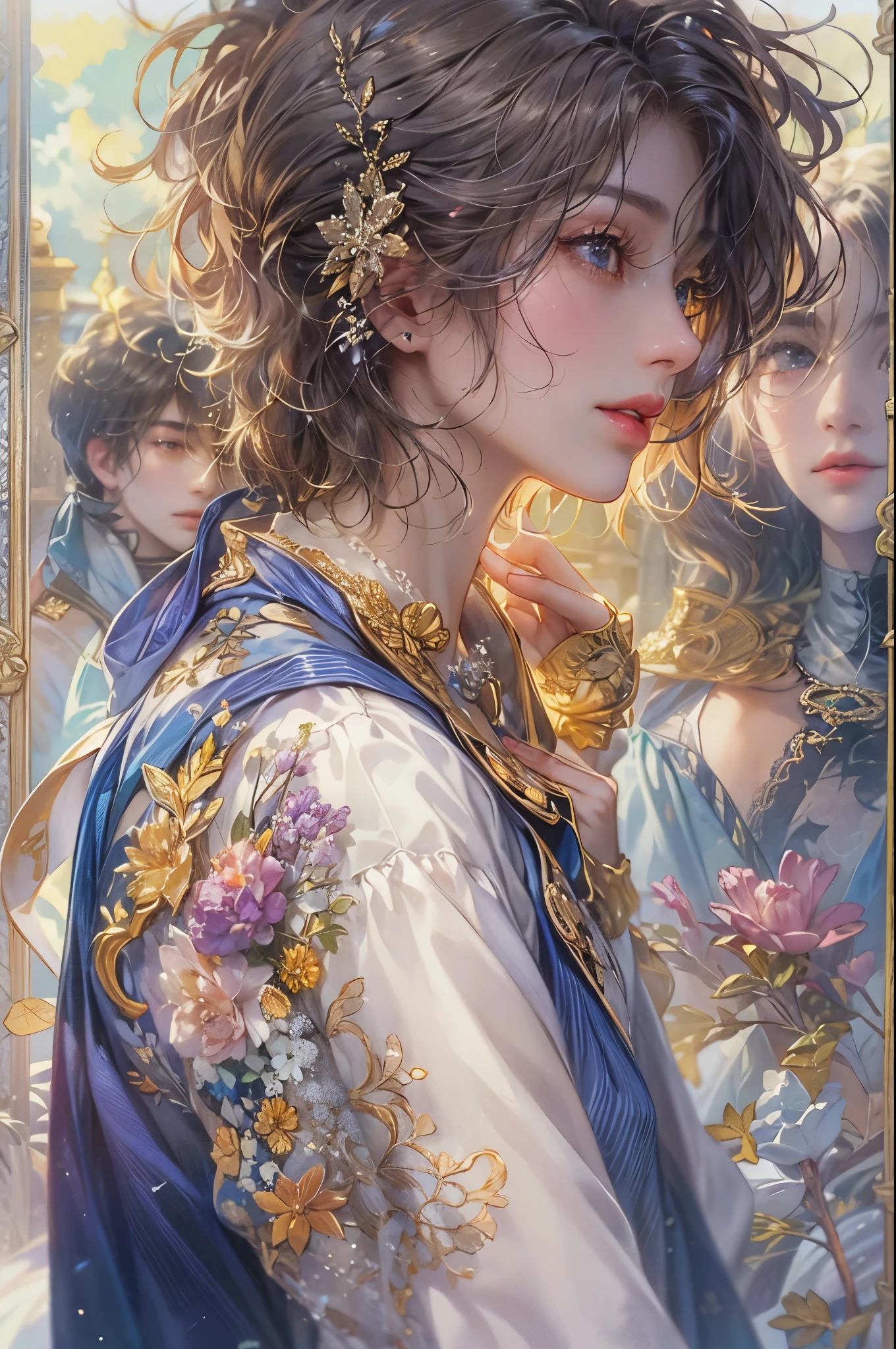 ((Best quality)), ((masterpiece)), (detailed), ((perfect face)), ((halfbody)) handsome face, male, teen boy, perfect proportions , an artwork created by nardack, colorful outfit, detailed scenery background